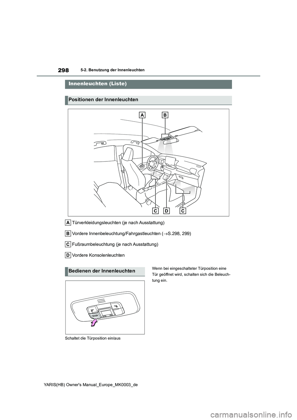 TOYOTA YARIS HATCHBACK 2020 Betriebsanleitungen (in German) 298
YARIS(HB) Owners Manual_Europe_MK0003_de
5-2. Benutzung der Innenleuchten
5-2.Benutzun g d er Innenleu chten
Türverkleidungsleuchten (je nach Ausstattung)
Vordere Innenbeleuchtung/Fahrgastleuc TOYOTA YARIS HATCHBACK 2020 Betriebsanleitungen (in German) 298
YARIS(HB) Owners Manual_Europe_MK0003_de
5-2. Benutzung der Innenleuchten
5-2.Benutzun g d er Innenleu chten
Türverkleidungsleuchten (je nach Ausstattung)
Vordere Innenbeleuchtung/Fahrgastleuc