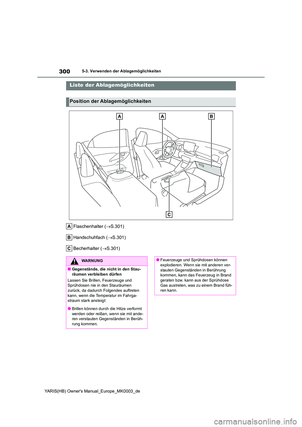 TOYOTA YARIS HATCHBACK 2020 Betriebsanleitungen (in German) 300
YARIS(HB) Owners Manual_Europe_MK0003_de
5-3. Verwenden der Ablagemöglichkeiten
5-3.Verwende n d er Ab lag emöglic hkeite n
Flaschenhalter (→S.301)
Handschuhfach ( →S.301)
Becherhalter ( TOYOTA YARIS HATCHBACK 2020 Betriebsanleitungen (in German) 300
YARIS(HB) Owners Manual_Europe_MK0003_de
5-3. Verwenden der Ablagemöglichkeiten
5-3.Verwende n d er Ab lag emöglic hkeite n
Flaschenhalter (→S.301)
Handschuhfach ( →S.301)
Becherhalter (