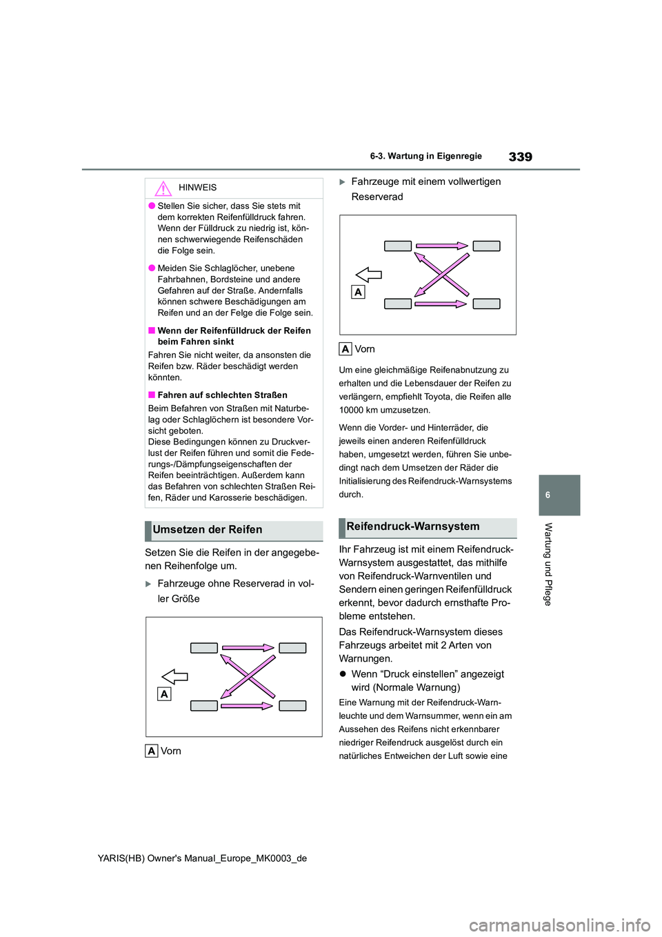 TOYOTA YARIS HATCHBACK 2020 Betriebsanleitungen (in German) 339
6
YARIS(HB) Owners Manual_Europe_MK0003_de
6-3. Wartung in Eigenregie
Wartung und Pflege
Setzen Sie die Reifen in der angegebe-
nen Reihenfolge um.
Fahrzeuge ohne Reserverad in vol-
ler Grö TOYOTA YARIS HATCHBACK 2020 Betriebsanleitungen (in German) 339
6
YARIS(HB) Owners Manual_Europe_MK0003_de
6-3. Wartung in Eigenregie
Wartung und Pflege
Setzen Sie die Reifen in der angegebe-
nen Reihenfolge um.
Fahrzeuge ohne Reserverad in vol-
ler Grö