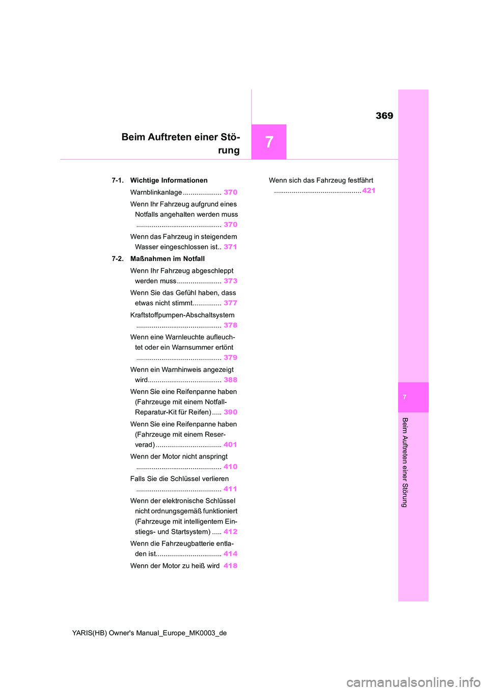 TOYOTA YARIS HATCHBACK 2020 Betriebsanleitungen (in German) 7
369
YARIS(HB) Owners Manual_Europe_MK0003_de
7
Beim Auftreten einer Störung
Beim Auftreten einer Stö-
rung
7-1. Wichtige Informationen
Warnblinkanlage .................... 370
Wenn Ihr Fahrzeu TOYOTA YARIS HATCHBACK 2020 Betriebsanleitungen (in German) 7
369
YARIS(HB) Owners Manual_Europe_MK0003_de
7
Beim Auftreten einer Störung
Beim Auftreten einer Stö-
rung
7-1. Wichtige Informationen
Warnblinkanlage .................... 370
Wenn Ihr Fahrzeu