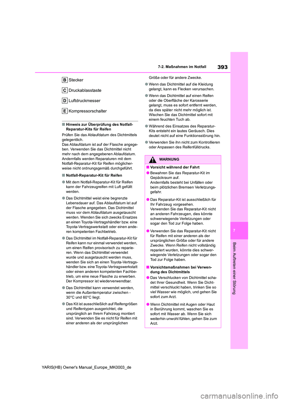 TOYOTA YARIS HATCHBACK 2020  Betriebsanleitungen (in German) 393
7
YARIS(HB) Owners Manual_Europe_MK0003_de
7-2. Maßnahmen im Notfall
Beim Auftreten einer Störung
Stecker 
Druckablasstaste
Luftdruckmesser
Kompressorschalter
■Hinweis zur Überprüfung des N