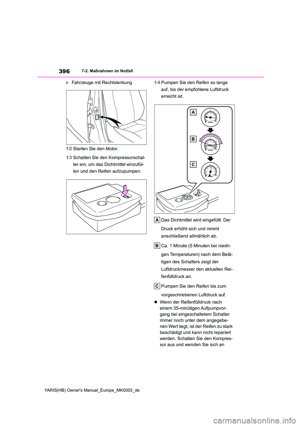 TOYOTA YARIS HATCHBACK 2020  Betriebsanleitungen (in German) 396
YARIS(HB) Owners Manual_Europe_MK0003_de
7-2. Maßnahmen im Notfall
Fahrzeuge mit Rechtslenkung 
12 Starten Sie den Motor. 
13 Schalten Sie den Kompressorschal- 
ter ein, um das Dichtmittel ei