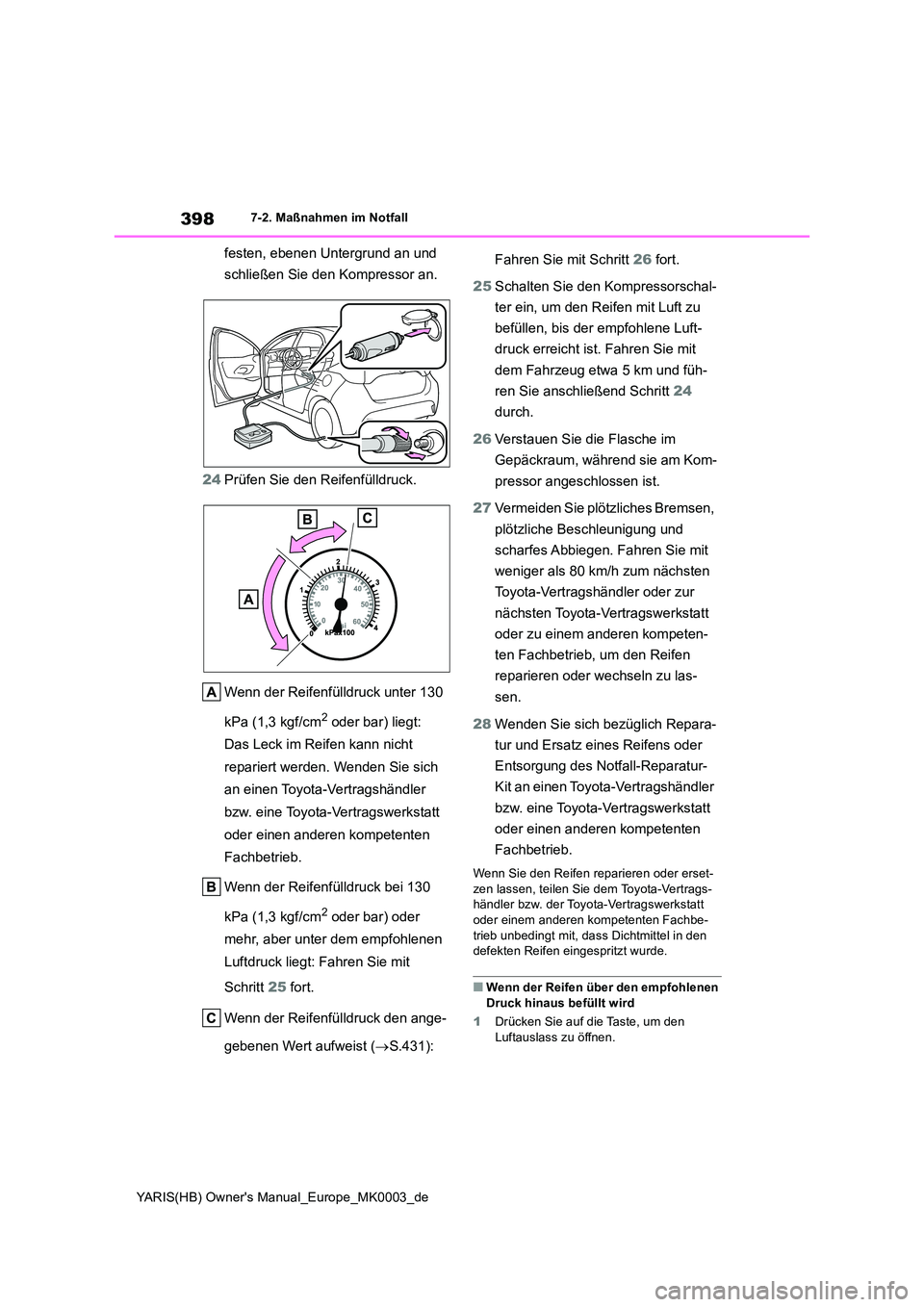 TOYOTA YARIS HATCHBACK 2020  Betriebsanleitungen (in German) 398
YARIS(HB) Owners Manual_Europe_MK0003_de
7-2. Maßnahmen im Notfall
festen, ebenen Untergrund an und  
schließen Sie den Kompressor an. 
24 Prüfen Sie den Reifenfülldruck. 
Wenn der Reifenfül