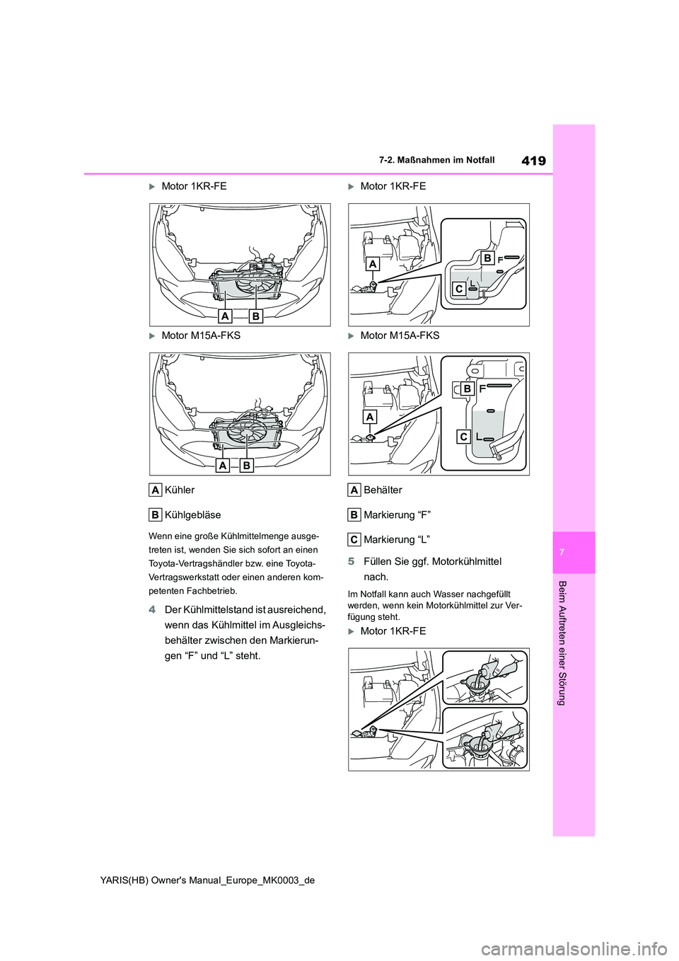 TOYOTA YARIS HATCHBACK 2020 Betriebsanleitungen (in German) 419
7
YARIS(HB) Owners Manual_Europe_MK0003_de
7-2. Maßnahmen im Notfall
Beim Auftreten einer Störung
Motor 1KR-FE
Motor M15A-FKS
Kühler
Kühlgebläse
Wenn eine große Kühlmittelmenge aus TOYOTA YARIS HATCHBACK 2020 Betriebsanleitungen (in German) 419
7
YARIS(HB) Owners Manual_Europe_MK0003_de
7-2. Maßnahmen im Notfall
Beim Auftreten einer Störung
Motor 1KR-FE
Motor M15A-FKS
Kühler
Kühlgebläse
Wenn eine große Kühlmittelmenge aus