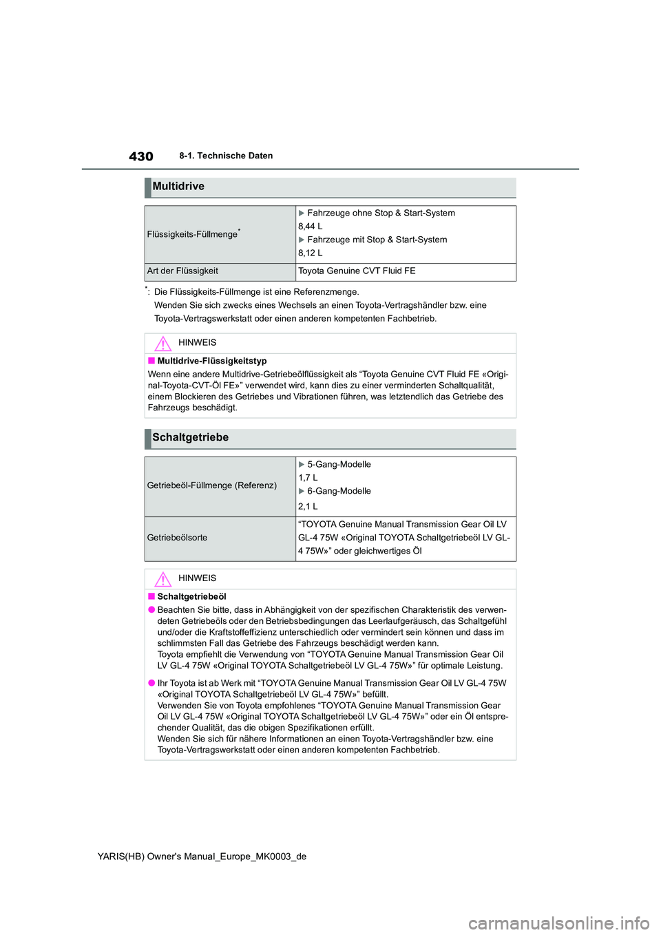 TOYOTA YARIS HATCHBACK 2020 Betriebsanleitungen (in German) 430
YARIS(HB) Owners Manual_Europe_MK0003_de
8-1. Technische Daten
*: Die Flüssigkeits-Füllmenge ist eine Referenzmenge.
Wenden Sie sich zwecks eines Wechsels an einen Toyota-Vertragshändler bzw. TOYOTA YARIS HATCHBACK 2020 Betriebsanleitungen (in German) 430
YARIS(HB) Owners Manual_Europe_MK0003_de
8-1. Technische Daten
*: Die Flüssigkeits-Füllmenge ist eine Referenzmenge.
Wenden Sie sich zwecks eines Wechsels an einen Toyota-Vertragshändler bzw.