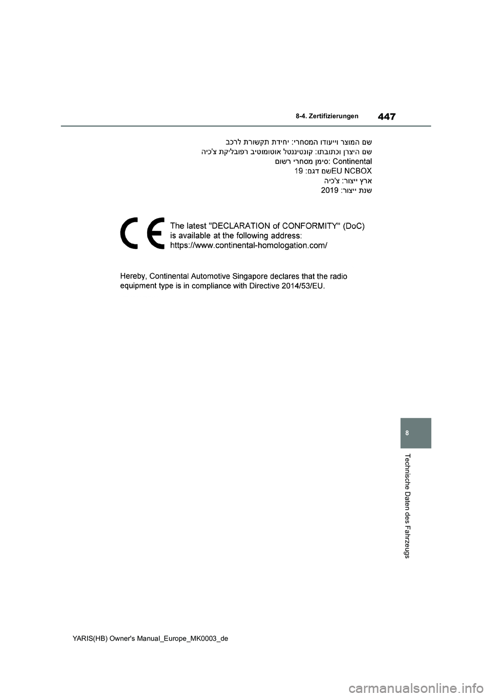 TOYOTA YARIS HATCHBACK 2020  Betriebsanleitungen (in German) 447
8
YARIS(HB) Owners Manual_Europe_MK0003_de
8-4. Zertifizierungen
Technische Daten des Fahrzeugs 