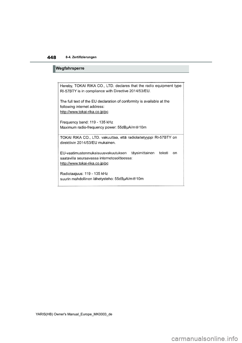TOYOTA YARIS HATCHBACK 2020  Betriebsanleitungen (in German) 448
YARIS(HB) Owners Manual_Europe_MK0003_de
8-4. Zertifizierungen
Wegfahrsperre 
