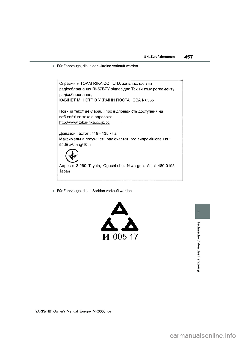 TOYOTA YARIS HATCHBACK 2020 Betriebsanleitungen (in German) 457
8
YARIS(HB) Owners Manual_Europe_MK0003_de
8-4. Zertifizierungen
Technische Daten des Fahrzeugs
Für Fahrzeuge, die in der Ukraine verkauft werden
Für Fahrzeuge, die in Serbien verkauft we TOYOTA YARIS HATCHBACK 2020 Betriebsanleitungen (in German) 457
8
YARIS(HB) Owners Manual_Europe_MK0003_de
8-4. Zertifizierungen
Technische Daten des Fahrzeugs
Für Fahrzeuge, die in der Ukraine verkauft werden
Für Fahrzeuge, die in Serbien verkauft we