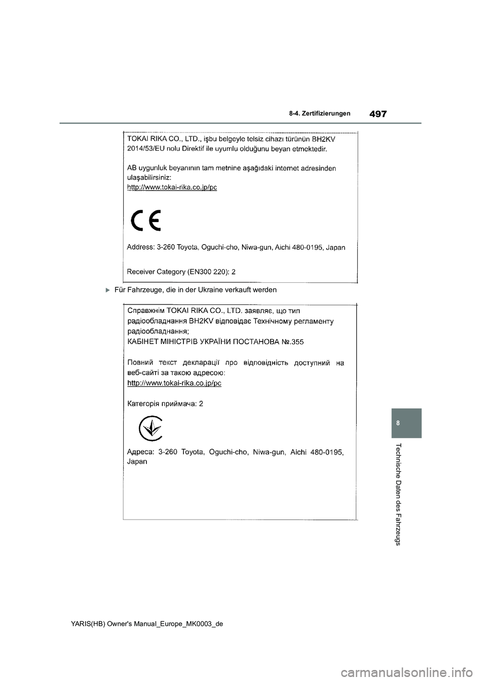 TOYOTA YARIS HATCHBACK 2020  Betriebsanleitungen (in German) 497
8
YARIS(HB) Owners Manual_Europe_MK0003_de
8-4. Zertifizierungen
Technische Daten des Fahrzeugs
Für Fahrzeuge, die in der Ukraine verkauft werden 