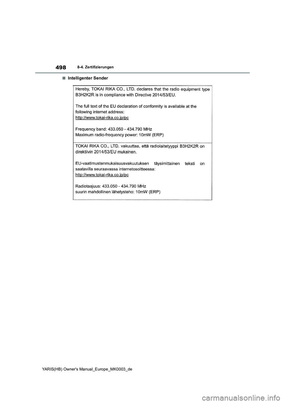 TOYOTA YARIS HATCHBACK 2020  Betriebsanleitungen (in German) 498
YARIS(HB) Owners Manual_Europe_MK0003_de
8-4. Zertifizierungen
■Intelligenter Sender 