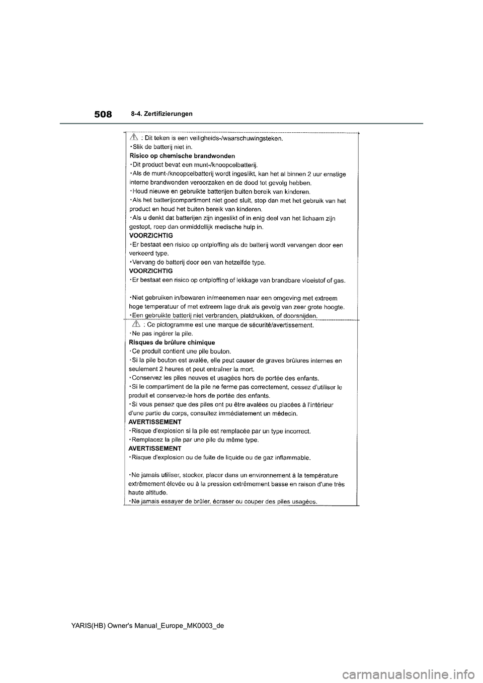 TOYOTA YARIS HATCHBACK 2020 Betriebsanleitungen (in German) 508
YARIS(HB) Owners Manual_Europe_MK0003_de
8-4. Zertifizierungen TOYOTA YARIS HATCHBACK 2020 Betriebsanleitungen (in German) 508
YARIS(HB) Owners Manual_Europe_MK0003_de
8-4. Zertifizierungen