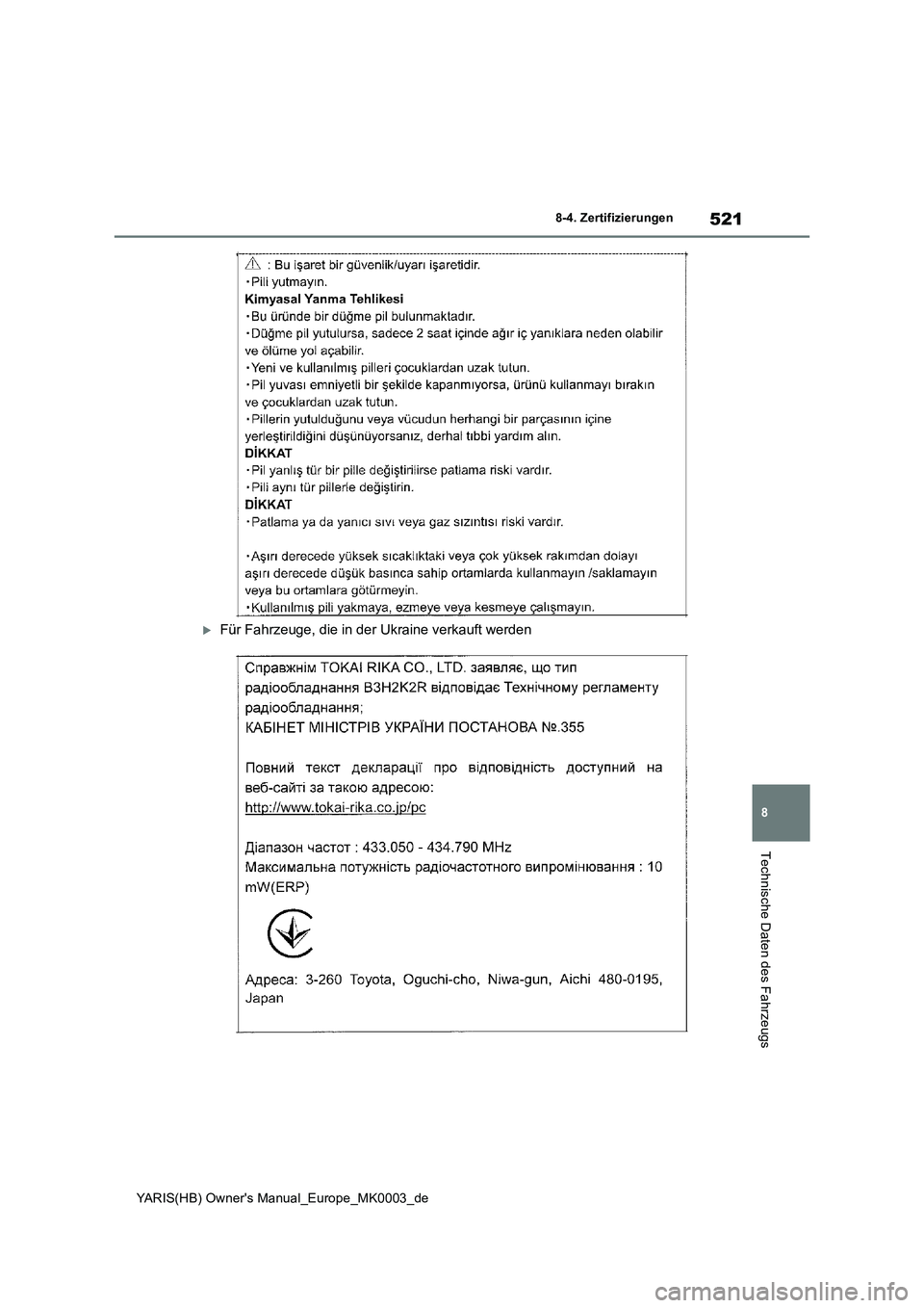 TOYOTA YARIS HATCHBACK 2020  Betriebsanleitungen (in German) 521
8
YARIS(HB) Owners Manual_Europe_MK0003_de
8-4. Zertifizierungen
Technische Daten des Fahrzeugs
Für Fahrzeuge, die in der Ukraine verkauft werden 