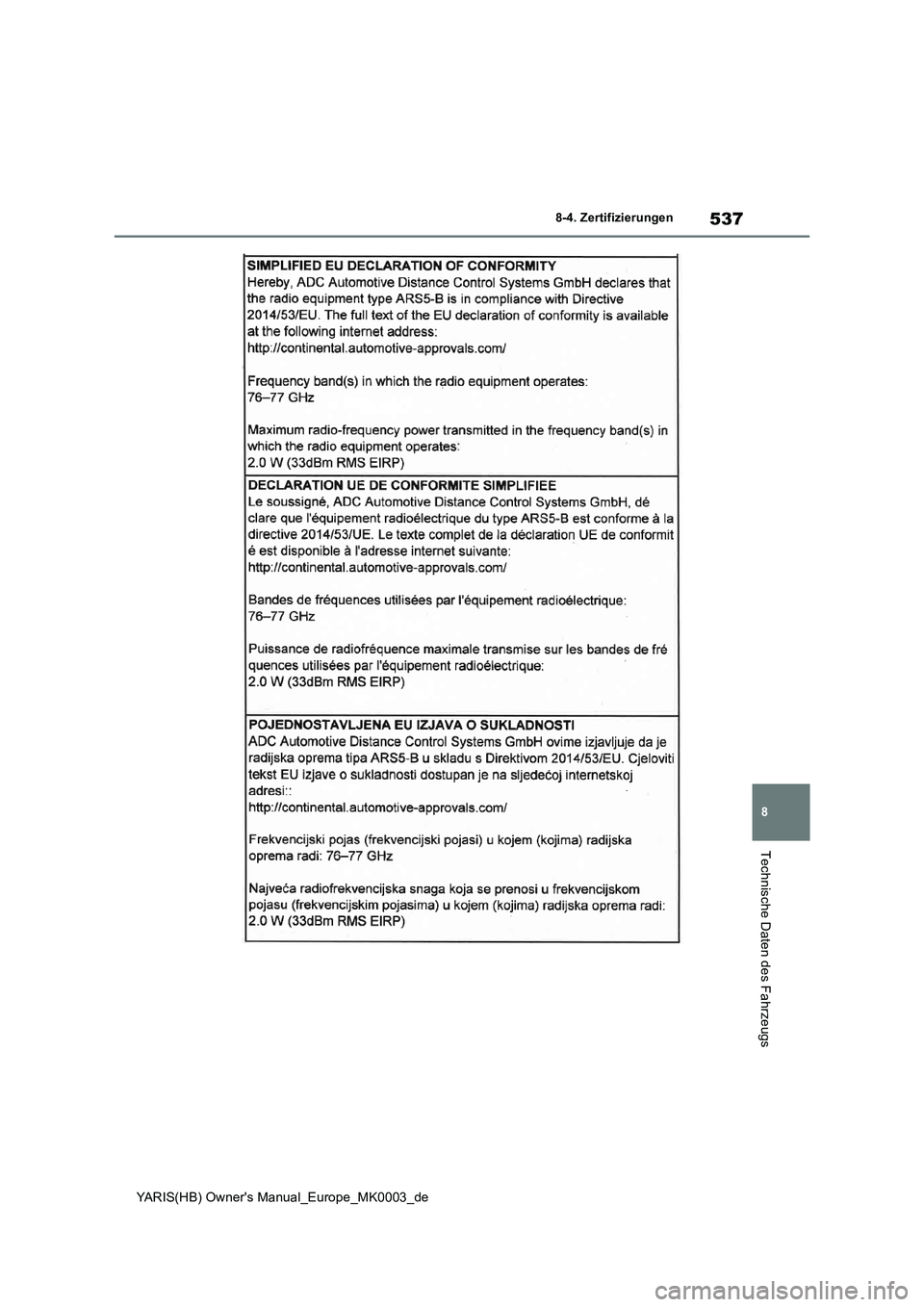 TOYOTA YARIS HATCHBACK 2020  Betriebsanleitungen (in German) 537
8
YARIS(HB) Owners Manual_Europe_MK0003_de
8-4. Zertifizierungen
Technische Daten des Fahrzeugs 