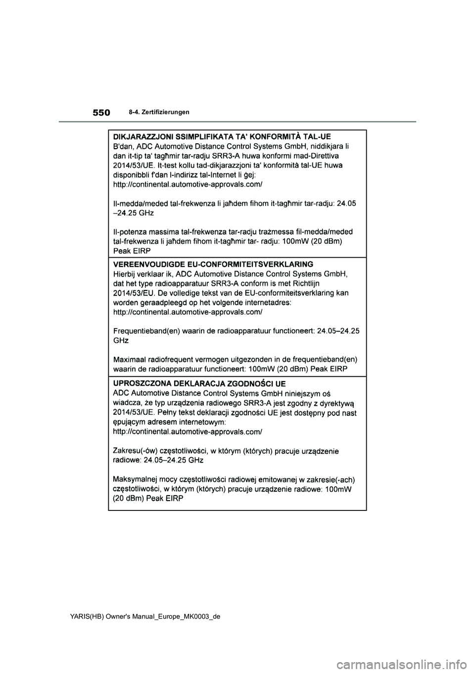 TOYOTA YARIS HATCHBACK 2020  Betriebsanleitungen (in German) 550
YARIS(HB) Owners Manual_Europe_MK0003_de
8-4. Zertifizierungen 