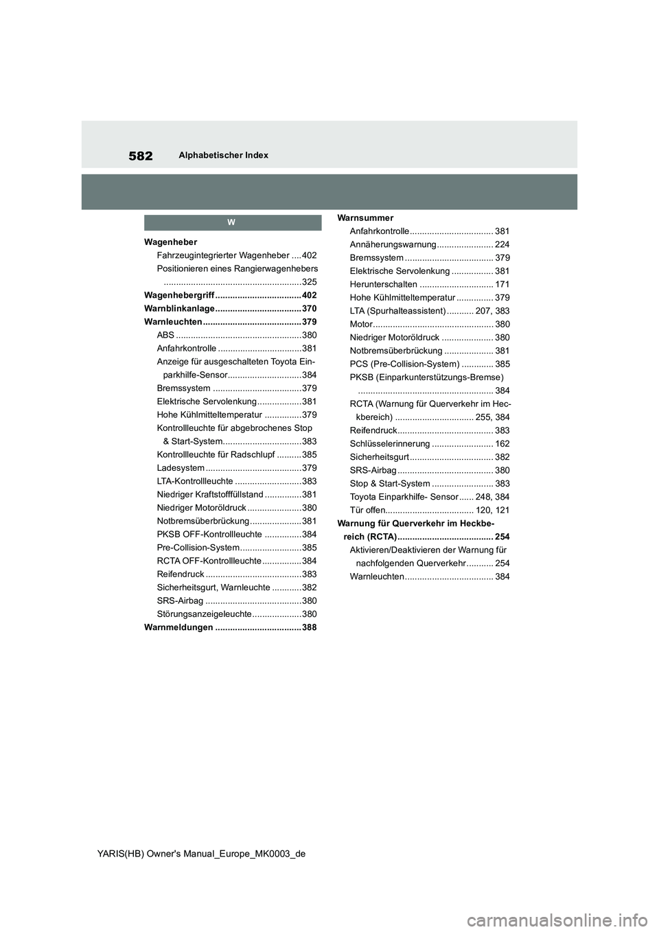 TOYOTA YARIS HATCHBACK 2020 Betriebsanleitungen (in German) 582
YARIS(HB) Owners Manual_Europe_MK0003_de
Alphabetischer Index
W
Wagenheber
Fahrzeugintegrierter Wagenheber .... 402
Positionieren eines Rangierwagenhebers
........................................ TOYOTA YARIS HATCHBACK 2020 Betriebsanleitungen (in German) 582
YARIS(HB) Owners Manual_Europe_MK0003_de
Alphabetischer Index
W
Wagenheber
Fahrzeugintegrierter Wagenheber .... 402
Positionieren eines Rangierwagenhebers
........................................