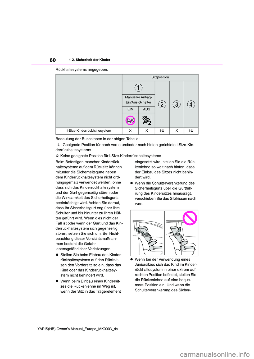 TOYOTA YARIS HATCHBACK 2020 Betriebsanleitungen (in German) 60
YARIS(HB) Owners Manual_Europe_MK0003_de
1-2. Sicherheit der Kinder
Rückhaltesystems angegeben.
Bedeutung der Buchstaben in der obigen Tabelle:
i-U: Geeignete Position für nach vorne und/oder TOYOTA YARIS HATCHBACK 2020 Betriebsanleitungen (in German) 60
YARIS(HB) Owners Manual_Europe_MK0003_de
1-2. Sicherheit der Kinder
Rückhaltesystems angegeben.
Bedeutung der Buchstaben in der obigen Tabelle:
i-U: Geeignete Position für nach vorne und/oder
