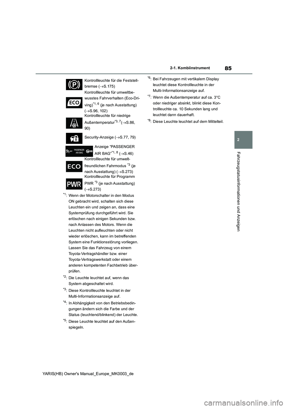 TOYOTA YARIS HATCHBACK 2020 Betriebsanleitungen (in German) 85
2
YARIS(HB) Owners Manual_Europe_MK0003_de
2-1. Kombiinstrument
Fahrzeugstatusinformationen und Anzeigen
*1: Wenn der Motorschalter in den Modus
ON gebracht wird, schalten sich diese
Leuchten ei TOYOTA YARIS HATCHBACK 2020 Betriebsanleitungen (in German) 85
2
YARIS(HB) Owners Manual_Europe_MK0003_de
2-1. Kombiinstrument
Fahrzeugstatusinformationen und Anzeigen
*1: Wenn der Motorschalter in den Modus
ON gebracht wird, schalten sich diese
Leuchten ei