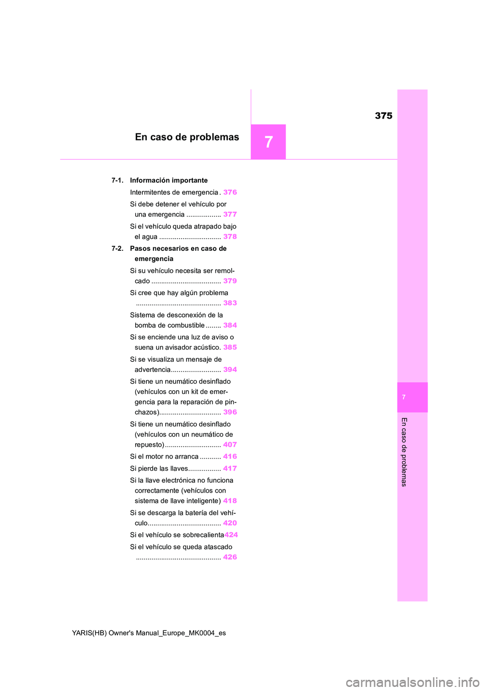 TOYOTA YARIS HATCHBACK 2020 Manual del propietario (in Spanish) 7
375
YARIS(HB) Owners Manual_Europe_MK0004_es
7
En caso de problemas
En caso de problemas
7-1. Información importante
Intermitentes de emergencia . 376
Si debe detener el vehículo por
una emer TOYOTA YARIS HATCHBACK 2020 Manual del propietario (in Spanish) 7
375
YARIS(HB) Owners Manual_Europe_MK0004_es
7
En caso de problemas
En caso de problemas
7-1. Información importante
Intermitentes de emergencia . 376
Si debe detener el vehículo por
una emer