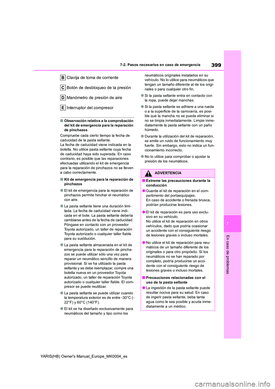 TOYOTA YARIS HATCHBACK 2020  Manual del propietario (in Spanish) 399
7
YARIS(HB) Owners Manual_Europe_MK0004_es
7-2. Pasos necesarios en caso de emergencia
En caso de problemas
Clavija de toma de corriente 
Botón de desbloqueo de la presión
Manómetro de presió