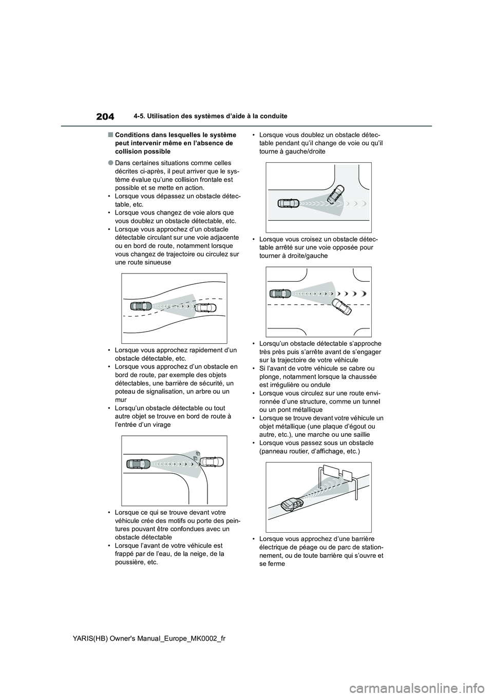TOYOTA YARIS HATCHBACK 2020 Manuel du propriétaire (in French) 204
YARIS(HB) Owners Manual_Europe_MK0002_fr
4-5. Utilisation des systèmes d’aide à la conduite
■Conditions dans lesquelles le système peut intervenir même en l’absence de collision possib TOYOTA YARIS HATCHBACK 2020 Manuel du propriétaire (in French) 204
YARIS(HB) Owners Manual_Europe_MK0002_fr
4-5. Utilisation des systèmes d’aide à la conduite
■Conditions dans lesquelles le système peut intervenir même en l’absence de collision possib