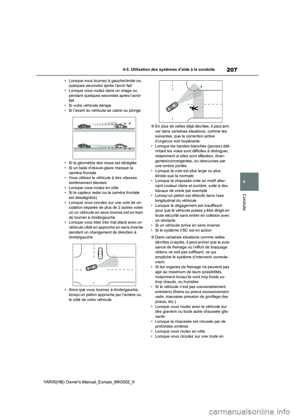 TOYOTA YARIS HATCHBACK 2020 Manuel du propriétaire (in French) 207
4
YARIS(HB) Owners Manual_Europe_MK0002_fr
4-5. Utilisation des systèmes d’aide à la conduite
Conduite
• Lorsque vous tournez à gauche/droite ou
quelques secondes après l’avoir fait
TOYOTA YARIS HATCHBACK 2020 Manuel du propriétaire (in French) 207
4
YARIS(HB) Owners Manual_Europe_MK0002_fr
4-5. Utilisation des systèmes d’aide à la conduite
Conduite
• Lorsque vous tournez à gauche/droite ou
quelques secondes après l’avoir fait