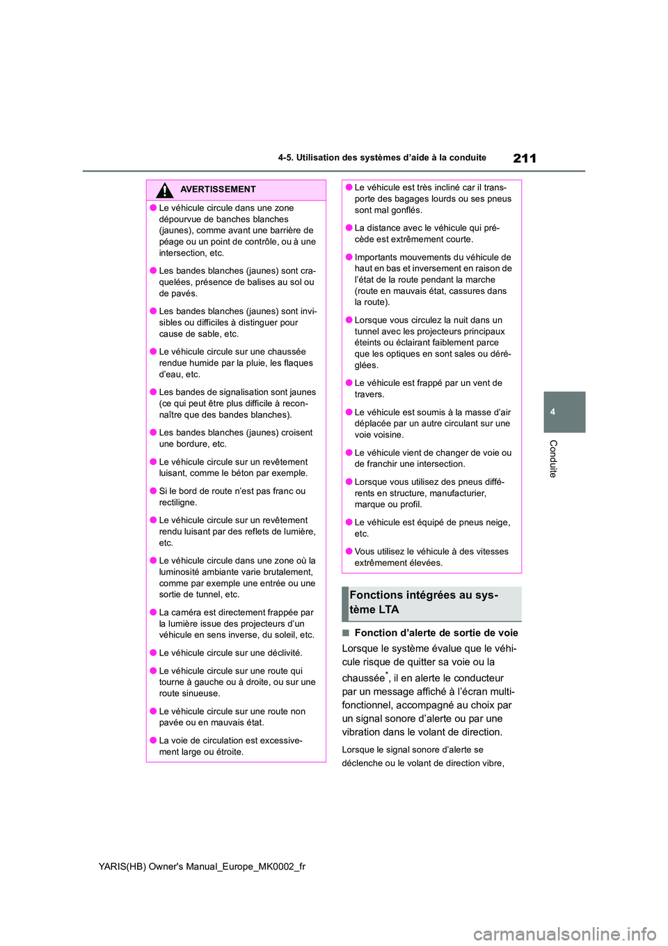 TOYOTA YARIS HATCHBACK 2020 Manuel du propriétaire (in French) 211
4
YARIS(HB) Owners Manual_Europe_MK0002_fr
4-5. Utilisation des systèmes d’aide à la conduite
Conduite
■Fonction d’alerte de sortie de voie
Lorsque le système évalue que le véhi-
cul TOYOTA YARIS HATCHBACK 2020 Manuel du propriétaire (in French) 211
4
YARIS(HB) Owners Manual_Europe_MK0002_fr
4-5. Utilisation des systèmes d’aide à la conduite
Conduite
■Fonction d’alerte de sortie de voie
Lorsque le système évalue que le véhi-
cul