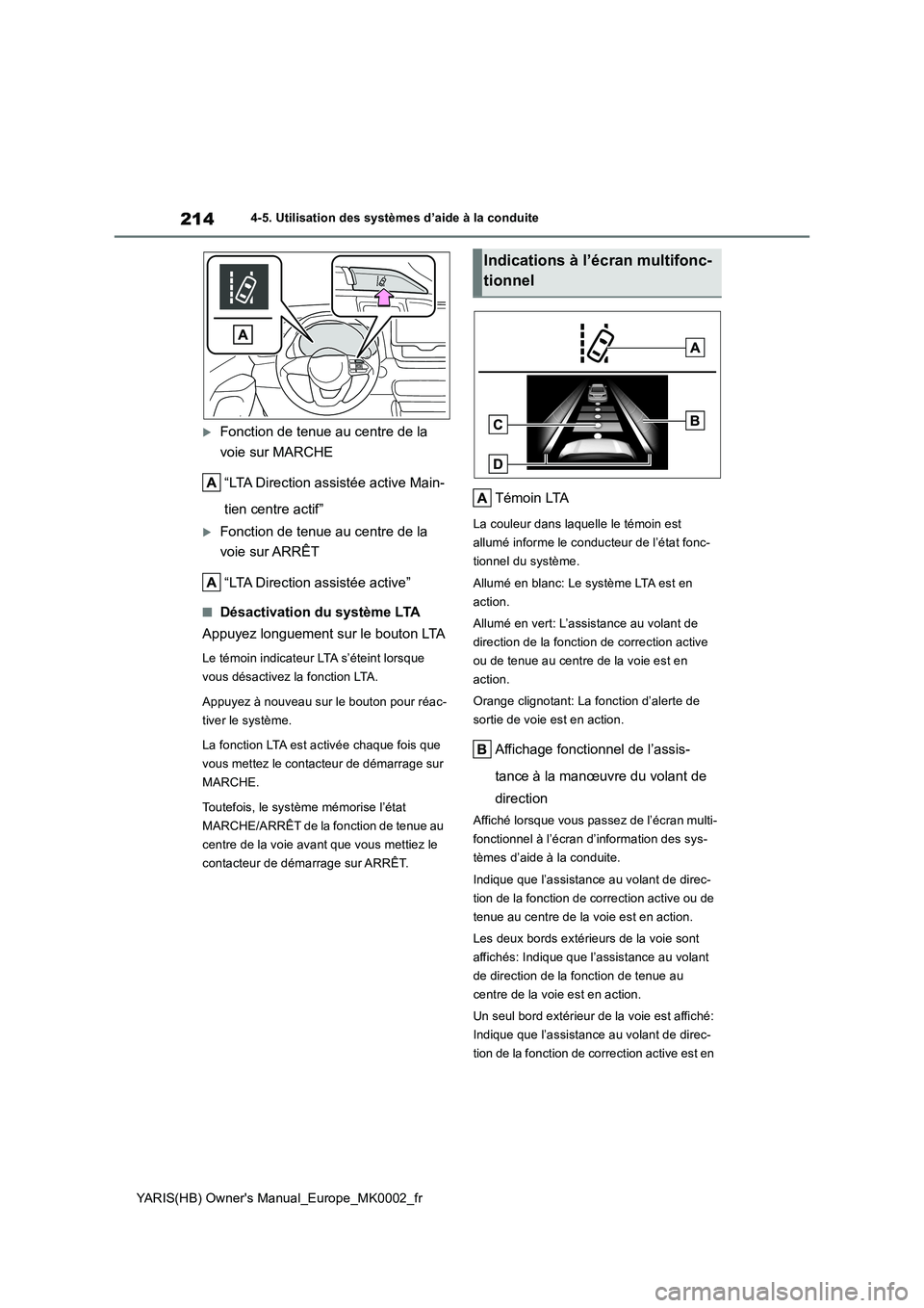 TOYOTA YARIS HATCHBACK 2020 Manuel du propriétaire (in French) 214
YARIS(HB) Owners Manual_Europe_MK0002_fr
4-5. Utilisation des systèmes d’aide à la conduite
Fonction de tenue au centre de la
voie sur MARCHE
“LTA Direction assistée active Main-
ti TOYOTA YARIS HATCHBACK 2020 Manuel du propriétaire (in French) 214
YARIS(HB) Owners Manual_Europe_MK0002_fr
4-5. Utilisation des systèmes d’aide à la conduite
Fonction de tenue au centre de la
voie sur MARCHE
“LTA Direction assistée active Main-
ti
