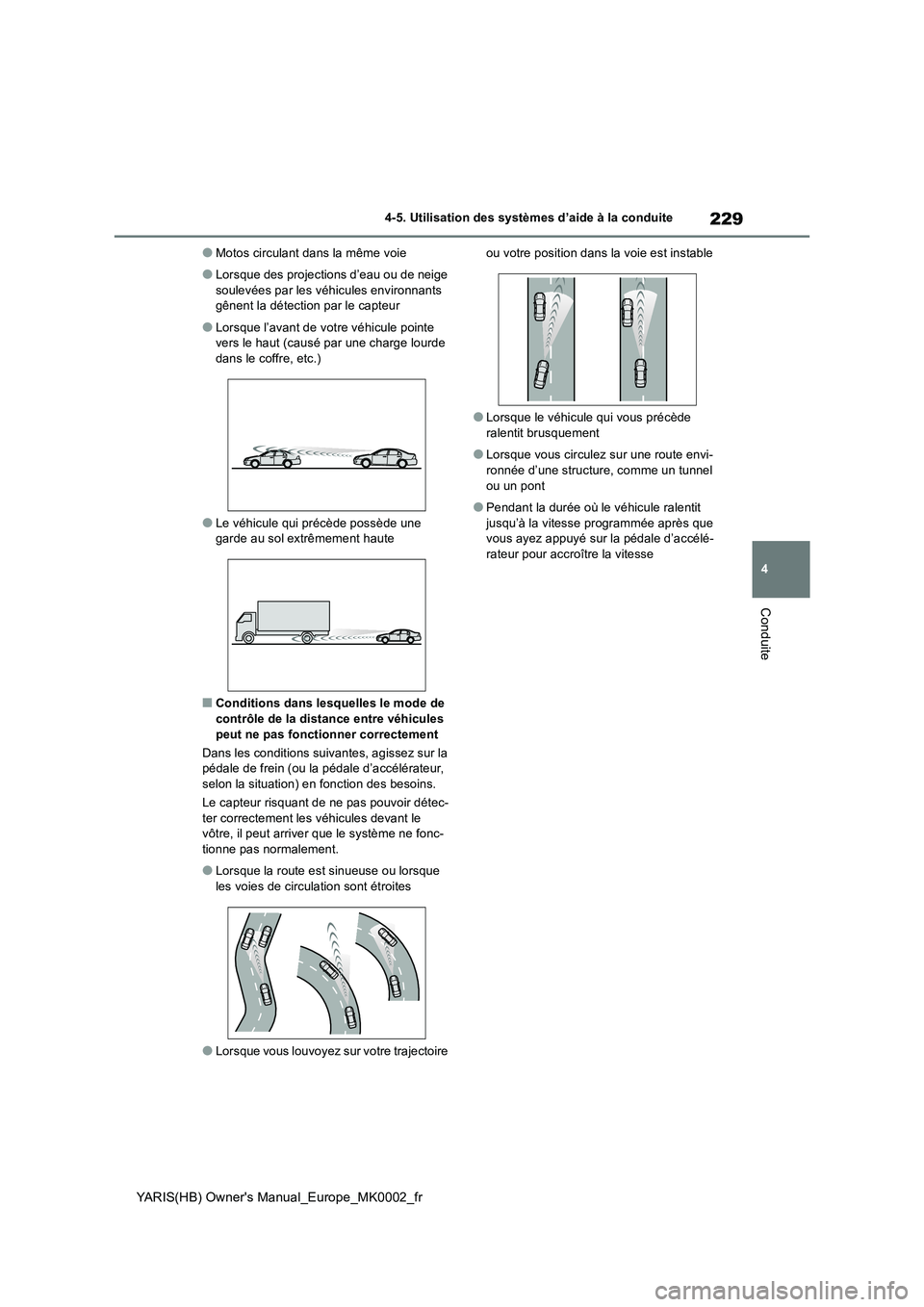 TOYOTA YARIS HATCHBACK 2020  Manuel du propriétaire (in French) 229
4
YARIS(HB) Owners Manual_Europe_MK0002_fr
4-5. Utilisation des systèmes d’aide à la conduite
Conduite
●Motos circulant dans la même voie
●Lorsque des projections d’eau ou de neige 
so