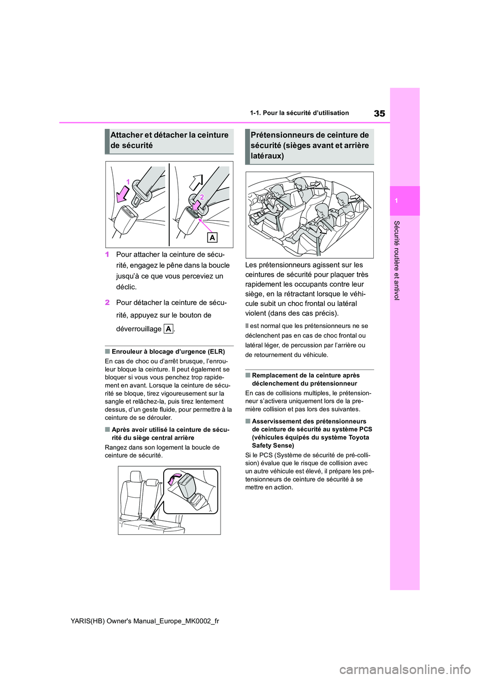 TOYOTA YARIS HATCHBACK 2020  Manuel du propriétaire (in French) 35
1
YARIS(HB) Owners Manual_Europe_MK0002_fr
1-1. Pour la sécurité d’utilisation
Sécurité routière et antivol
1Pour attacher la ceinture de sécu- 
rité, engagez le pêne dans la boucle  
ju