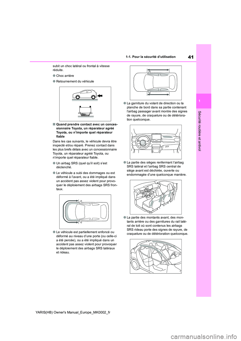 TOYOTA YARIS HATCHBACK 2020 Manuel du propriétaire (in French) 41
1
YARIS(HB) Owners Manual_Europe_MK0002_fr
1-1. Pour la sécurité d’utilisation
Sécurité routière et antivol
subit un choc latéral ou frontal à vitesse réduite.
●Choc arrière
●Retou TOYOTA YARIS HATCHBACK 2020 Manuel du propriétaire (in French) 41
1
YARIS(HB) Owners Manual_Europe_MK0002_fr
1-1. Pour la sécurité d’utilisation
Sécurité routière et antivol
subit un choc latéral ou frontal à vitesse réduite.
●Choc arrière
●Retou