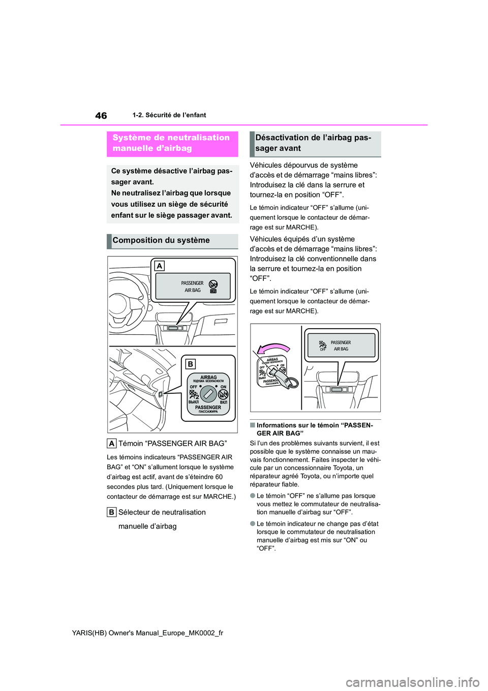 TOYOTA YARIS HATCHBACK 2020 Manuel du propriétaire (in French) 46
YARIS(HB) Owners Manual_Europe_MK0002_fr
1-2. Sécurité de l’enfant
1-2.Sécu rité de l’e nfa nt
Témoin “PASSENGER AIR BAG”
Les témoins indicateurs “PASSENGER AIR
BAG” et “ON TOYOTA YARIS HATCHBACK 2020 Manuel du propriétaire (in French) 46
YARIS(HB) Owners Manual_Europe_MK0002_fr
1-2. Sécurité de l’enfant
1-2.Sécu rité de l’e nfa nt
Témoin “PASSENGER AIR BAG”
Les témoins indicateurs “PASSENGER AIR
BAG” et “ON