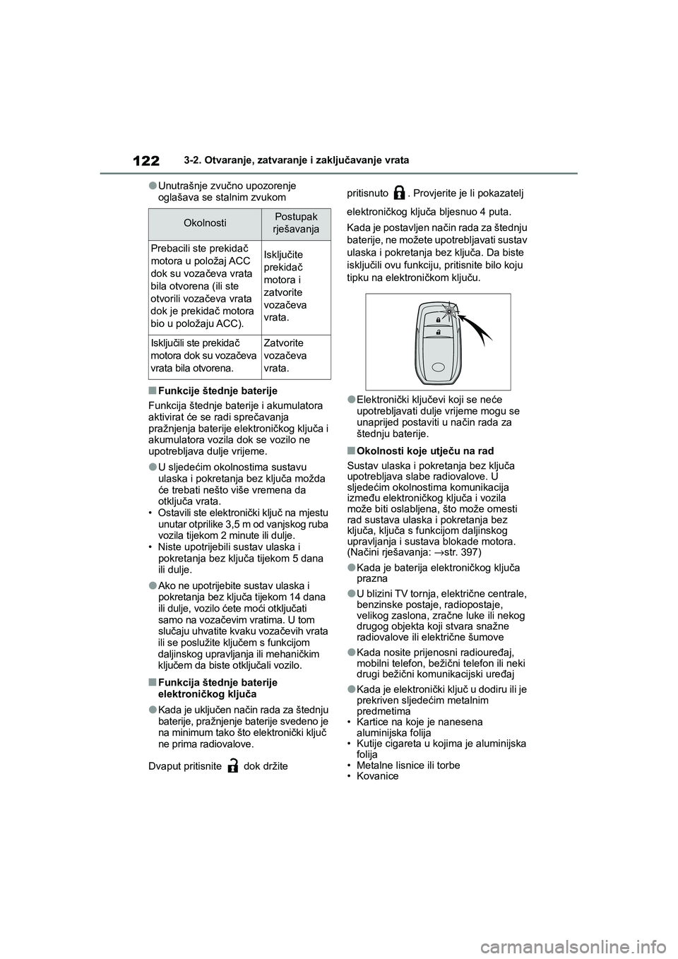 TOYOTA YARIS HATCHBACK 2020  Upute Za Rukovanje (in Croatian) 122
YARIS(HB) Owners Manual_Europe_MK0001_hr
3-2. Otvaranje, zatvaranje i zaključavanje vrata
●Unutrašnje zvučno upozorenje 
oglašava se stalnim zvukom
■Funkcije štednje baterije
Funkcija š