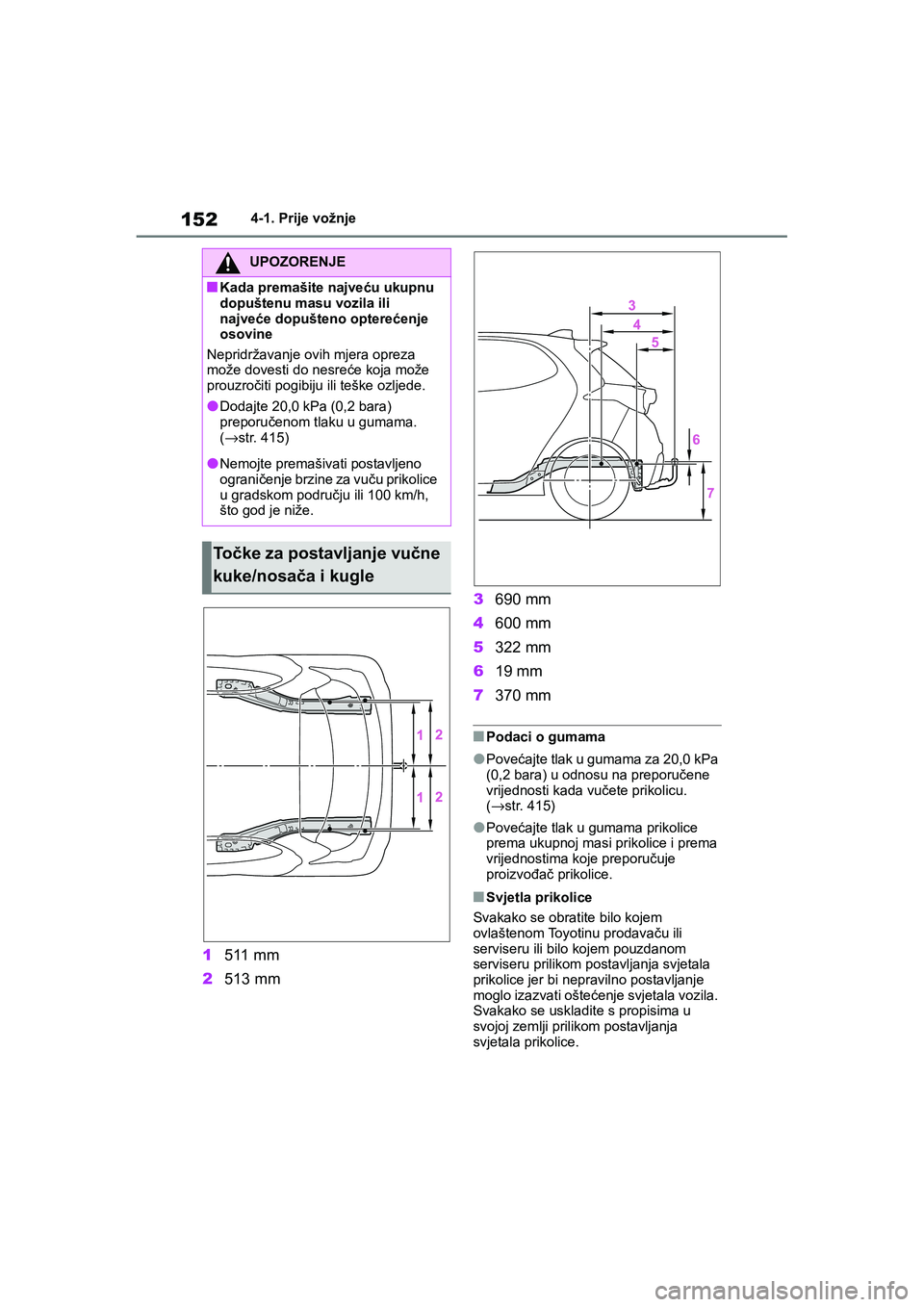 TOYOTA YARIS HATCHBACK 2020  Upute Za Rukovanje (in Croatian) 152
YARIS(HB) Owners Manual_Europe_MK0001_hr
4-1. Prije vožnje
1511 mm
2513 mm3690 mm
4600 mm
5322 mm
619 mm
7370 mm
■Podaci o gumama
●Povećajte tlak u gumama za 20,0 kPa 
(0,2 bara) u odnosu n