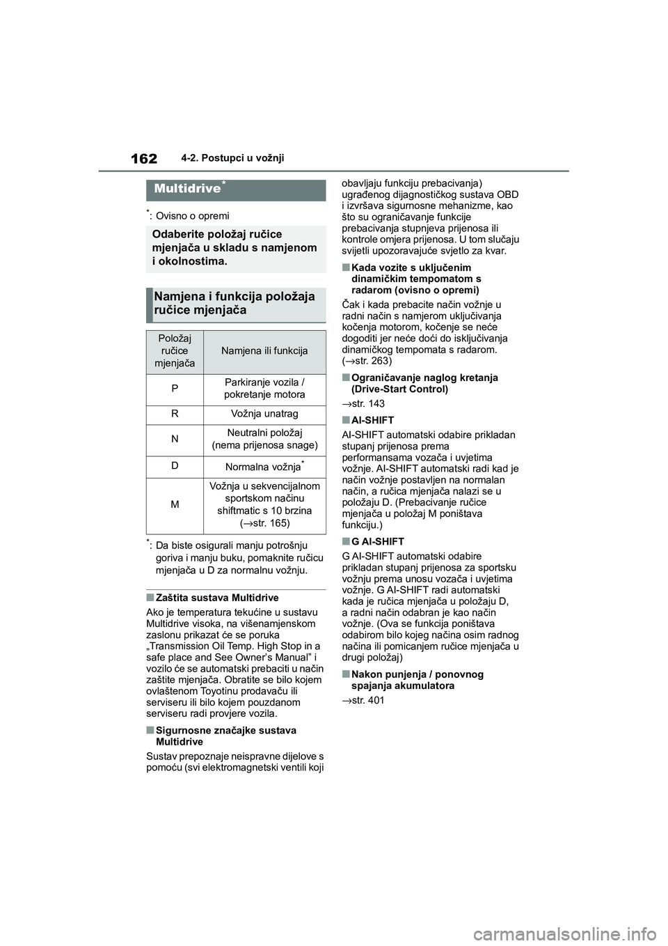 TOYOTA YARIS HATCHBACK 2020 Upute Za Rukovanje (in Croatian) 162
YARIS(HB) Owners Manual_Europe_MK0001_hr
4-2. Postupci u vožnji
*: Ovisno o opremi
*: Da biste osigurali manju potrošnju
goriva i manju buku, pomaknite ručicu
mjenjača u D za normalnu vožn TOYOTA YARIS HATCHBACK 2020 Upute Za Rukovanje (in Croatian) 162
YARIS(HB) Owners Manual_Europe_MK0001_hr
4-2. Postupci u vožnji
*: Ovisno o opremi
*: Da biste osigurali manju potrošnju
goriva i manju buku, pomaknite ručicu
mjenjača u D za normalnu vožn