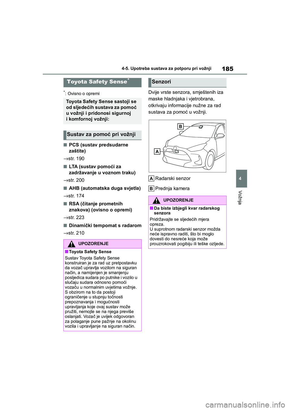 TOYOTA YARIS HATCHBACK 2020 Upute Za Rukovanje (in Croatian) 185
4
YARIS(HB) Owners Manual_Europe_MK0001_hr
4-5. Upotreba sustava za potporu pri vožnji
Vožnja
4-5.Upotreba sustava za potporu pri vožnji
*: Ovisno o opremi
■PCS (sustav predsudarne
zaštite TOYOTA YARIS HATCHBACK 2020 Upute Za Rukovanje (in Croatian) 185
4
YARIS(HB) Owners Manual_Europe_MK0001_hr
4-5. Upotreba sustava za potporu pri vožnji
Vožnja
4-5.Upotreba sustava za potporu pri vožnji
*: Ovisno o opremi
■PCS (sustav predsudarne
zaštite