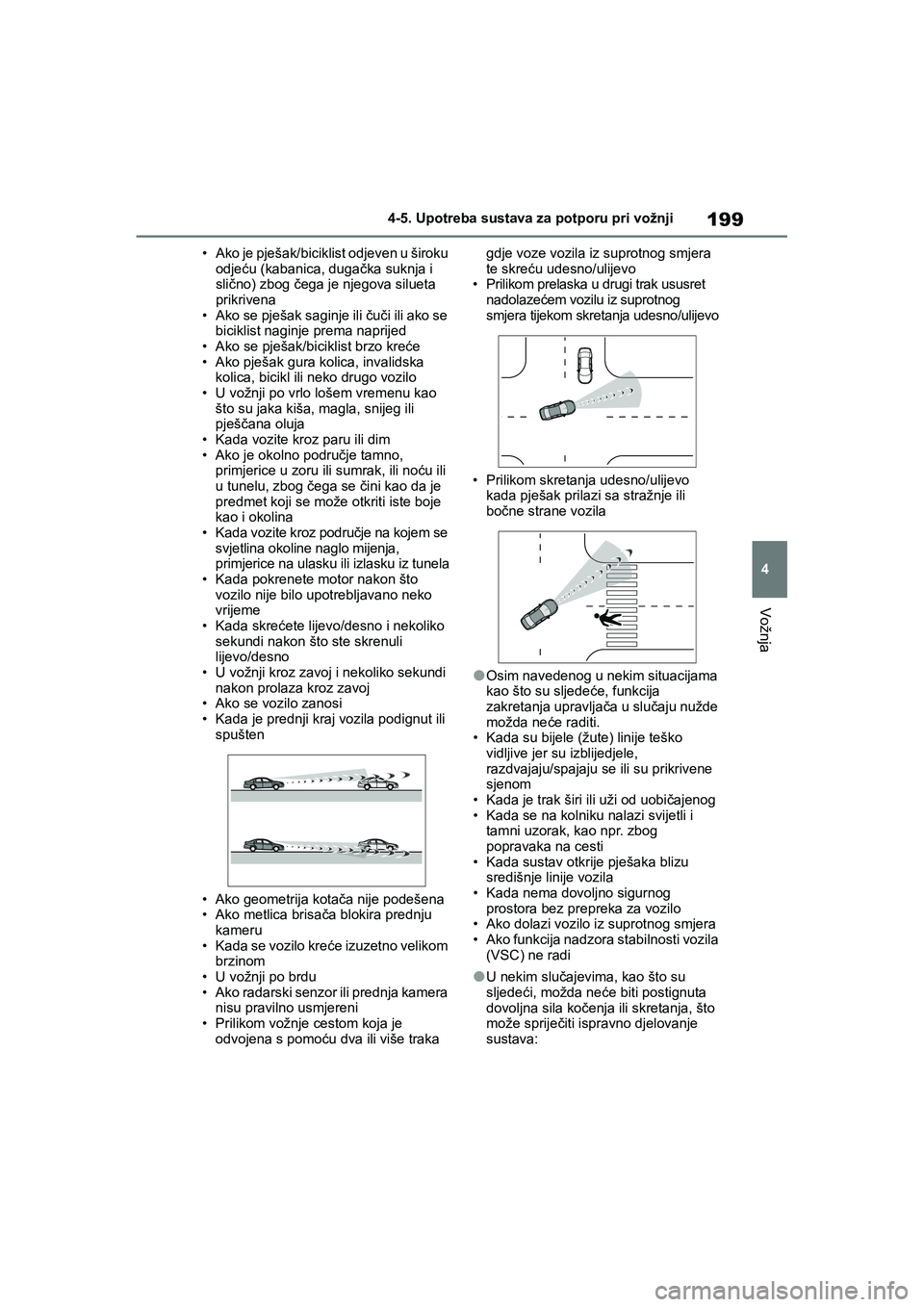 TOYOTA YARIS HATCHBACK 2020 Upute Za Rukovanje (in Croatian) 199
4
YARIS(HB) Owners Manual_Europe_MK0001_hr
4-5. Upotreba sustava za potporu pri vožnji
Vožnja
• Ako je pješak/biciklist odjeven u široku
odjeću (kabanica, dugačka suknja i
slično) zbog TOYOTA YARIS HATCHBACK 2020 Upute Za Rukovanje (in Croatian) 199
4
YARIS(HB) Owners Manual_Europe_MK0001_hr
4-5. Upotreba sustava za potporu pri vožnji
Vožnja
• Ako je pješak/biciklist odjeven u široku
odjeću (kabanica, dugačka suknja i
slično) zbog