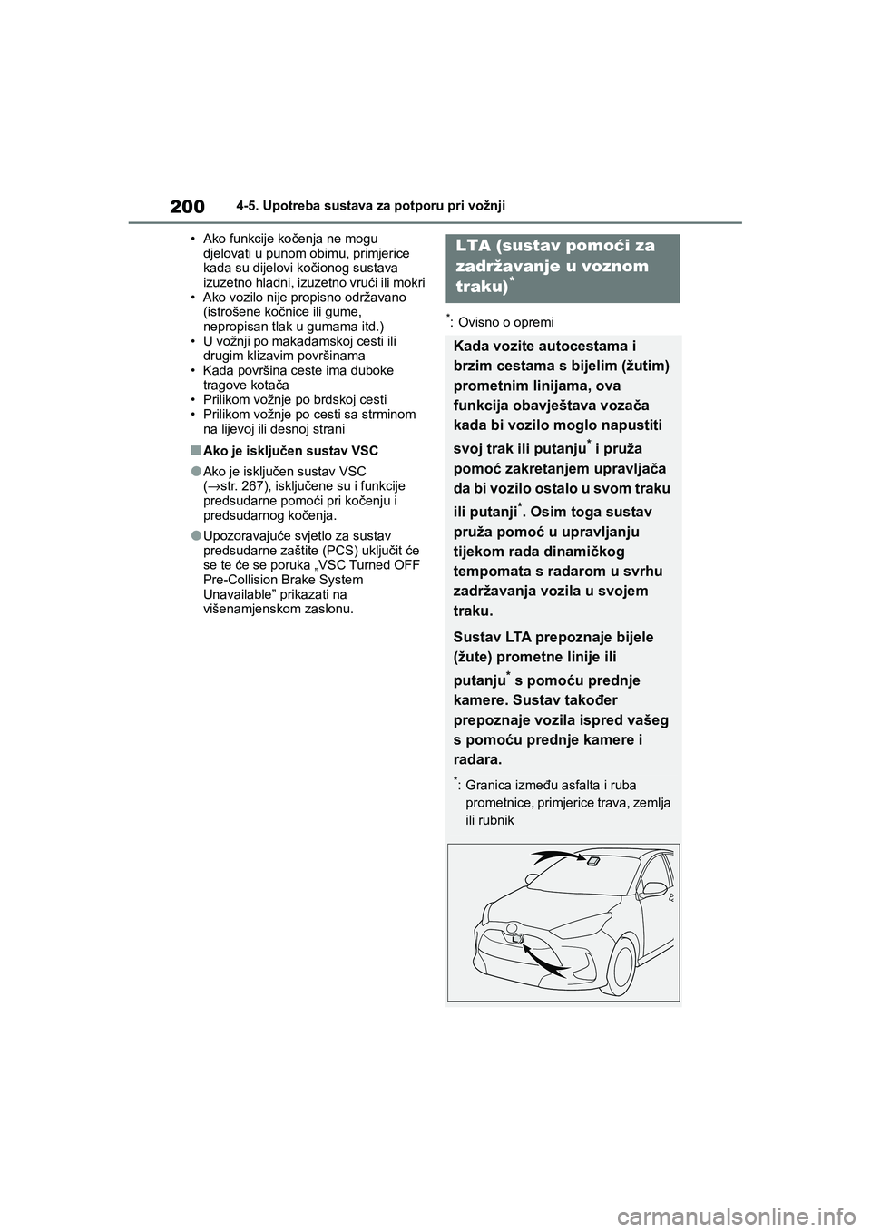 TOYOTA YARIS HATCHBACK 2020 Upute Za Rukovanje (in Croatian) 200
YARIS(HB) Owners Manual_Europe_MK0001_hr
4-5. Upotreba sustava za potporu pri vožnji
• Ako funkcije kočenja ne mogu
djelovati u punom obimu, primjerice
kada su dijelovi kočionog sustava
i TOYOTA YARIS HATCHBACK 2020 Upute Za Rukovanje (in Croatian) 200
YARIS(HB) Owners Manual_Europe_MK0001_hr
4-5. Upotreba sustava za potporu pri vožnji
• Ako funkcije kočenja ne mogu
djelovati u punom obimu, primjerice
kada su dijelovi kočionog sustava
i