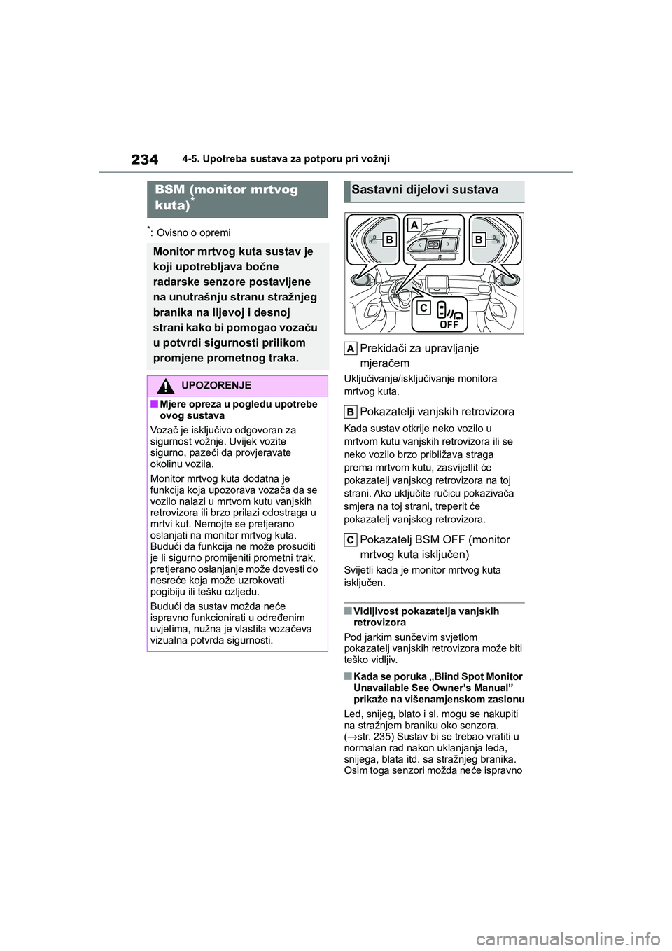 TOYOTA YARIS HATCHBACK 2020 Upute Za Rukovanje (in Croatian) 234
YARIS(HB) Owners Manual_Europe_MK0001_hr
4-5. Upotreba sustava za potporu pri vožnji
*: Ovisno o opremi
Prekidači za upravljanje
mjeračem
Uključivanje/isključivanje monitora
mrtvog kuta.
P TOYOTA YARIS HATCHBACK 2020 Upute Za Rukovanje (in Croatian) 234
YARIS(HB) Owners Manual_Europe_MK0001_hr
4-5. Upotreba sustava za potporu pri vožnji
*: Ovisno o opremi
Prekidači za upravljanje
mjeračem
Uključivanje/isključivanje monitora
mrtvog kuta.
P
