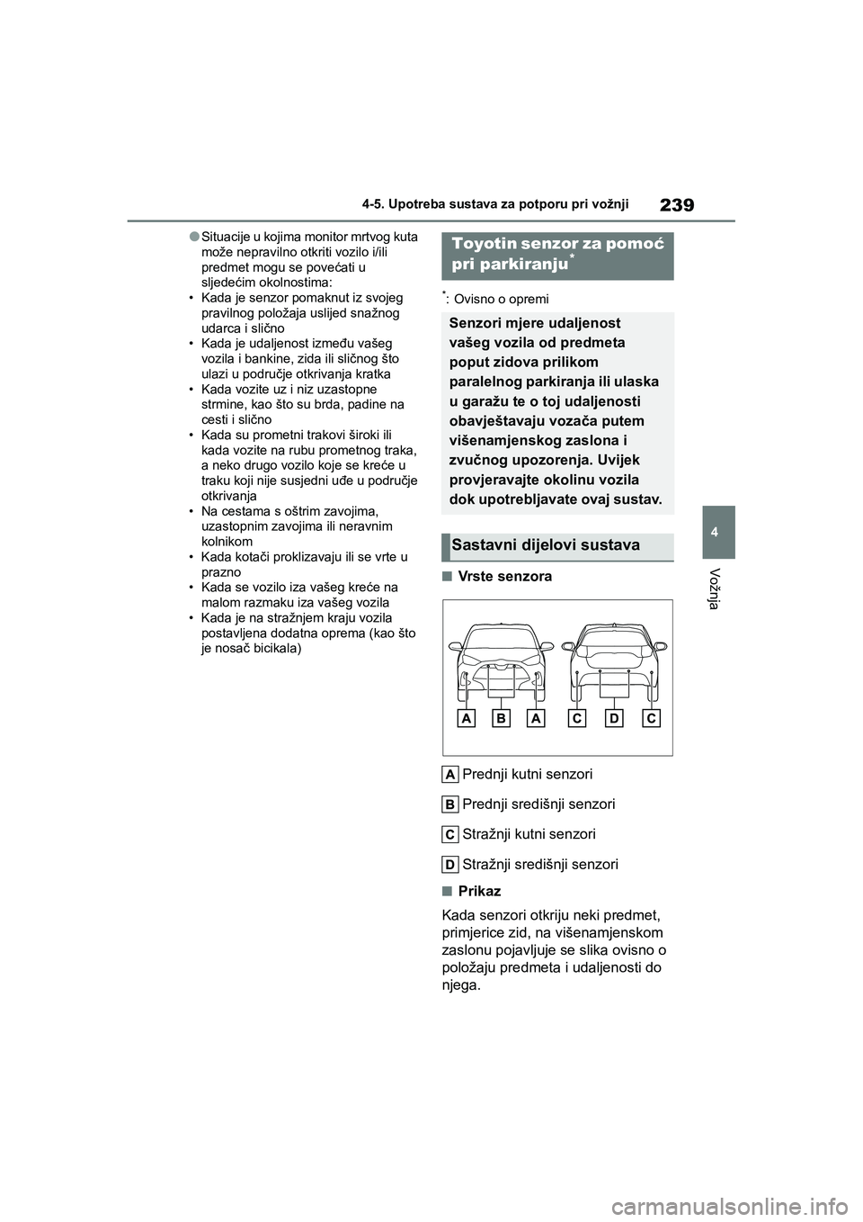 TOYOTA YARIS HATCHBACK 2020 Upute Za Rukovanje (in Croatian) 239
4
YARIS(HB) Owners Manual_Europe_MK0001_hr
4-5. Upotreba sustava za potporu pri vožnji
Vožnja
●Situacije u kojima monitor mrtvog kuta
može nepravilno otkriti vozilo i/ili
predmet mogu se p TOYOTA YARIS HATCHBACK 2020 Upute Za Rukovanje (in Croatian) 239
4
YARIS(HB) Owners Manual_Europe_MK0001_hr
4-5. Upotreba sustava za potporu pri vožnji
Vožnja
●Situacije u kojima monitor mrtvog kuta
može nepravilno otkriti vozilo i/ili
predmet mogu se p