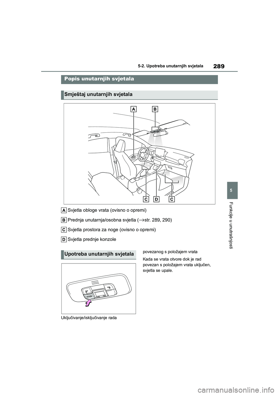 TOYOTA YARIS HATCHBACK 2020  Upute Za Rukovanje (in Croatian) 289
5
YARIS(HB) Owners Manual_Europe_MK0001_hr
5-2. Upotreba unutarnjih svjetala
Funkcije u unutrašnjosti
5-2.Upotreba unutarnjih svjetala
Svjetla obloge vrata (ovisno o opremi)
Prednja unutarnja/os