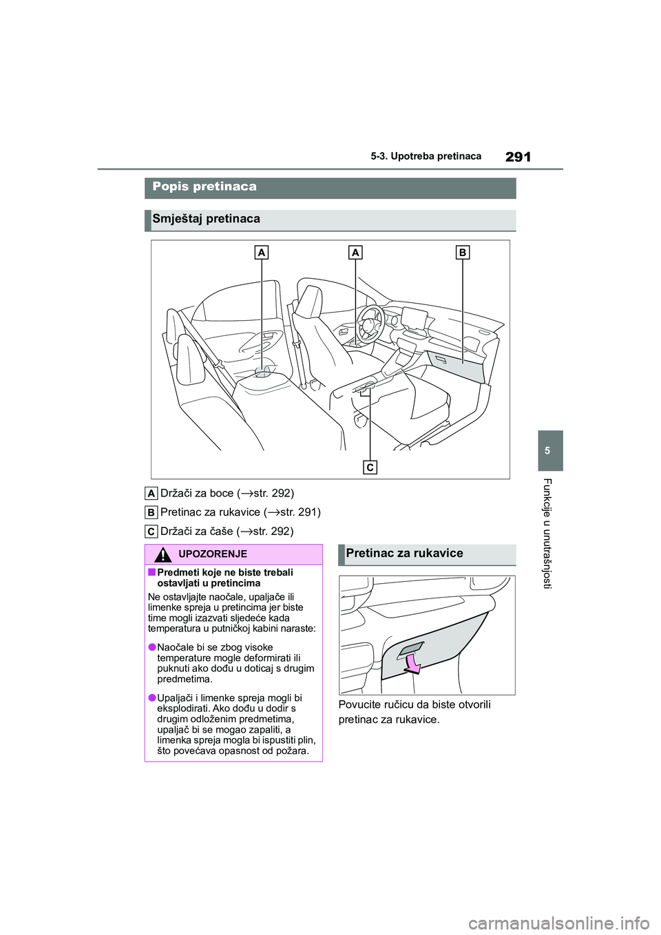 TOYOTA YARIS HATCHBACK 2020  Upute Za Rukovanje (in Croatian) 291
5
YARIS(HB) Owners Manual_Europe_MK0001_hr
5-3. Upotreba pretinaca
Funkcije u unutrašnjosti
5-3.Upotreba pretinaca
Držači za boce (→str. 292)
Pretinac za rukavice (
→str. 291)
Držači za 
