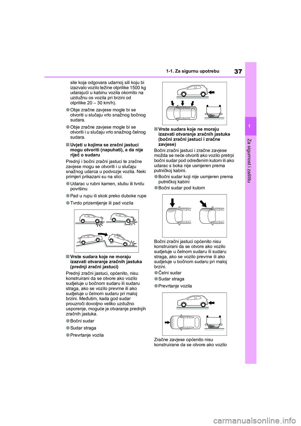 TOYOTA YARIS HATCHBACK 2020  Upute Za Rukovanje (in Croatian) 37
1
YARIS(HB) Owners Manual_Europe_MK0001_hr
1-1. Za sigurnu upotrebu
Za sigurnost i zaštitu
sile koja odgovara udarnoj sili koju bi 
izazvalo vozilo težine otprilike 1500 kg 
udarajući u kabinu 