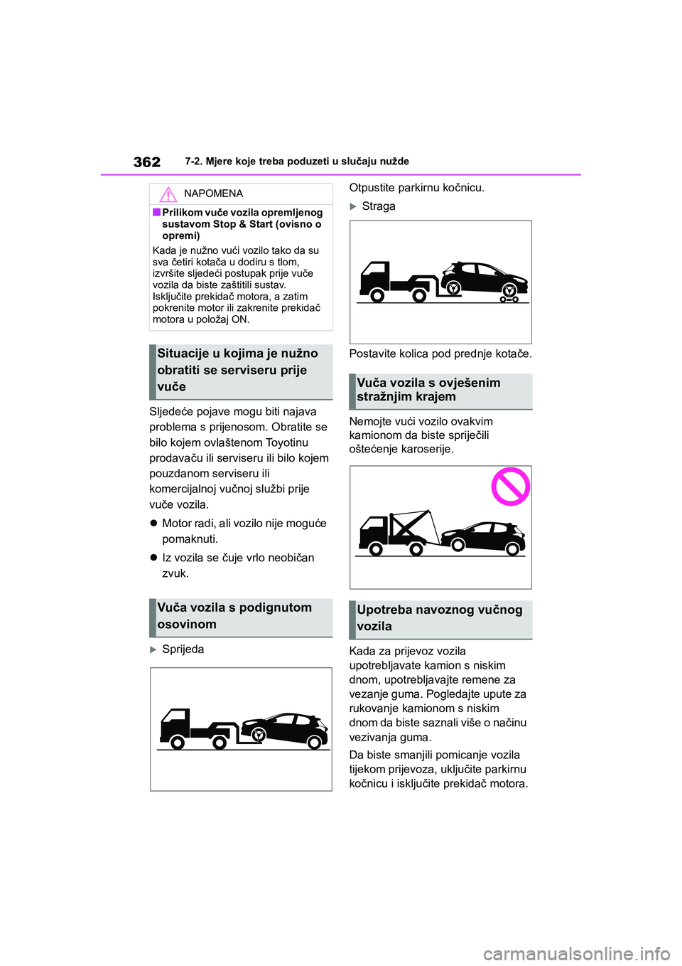 TOYOTA YARIS HATCHBACK 2020 Upute Za Rukovanje (in Croatian) 362
YARIS(HB) Owners Manual_Europe_MK0001_hr
7-2. Mjere koje treba poduzeti u slučaju nužde
Sljedeće pojave mogu biti najava
problema s prijenosom. Obratite se
bilo kojem ovlaštenom Toyotinu
p TOYOTA YARIS HATCHBACK 2020 Upute Za Rukovanje (in Croatian) 362
YARIS(HB) Owners Manual_Europe_MK0001_hr
7-2. Mjere koje treba poduzeti u slučaju nužde
Sljedeće pojave mogu biti najava
problema s prijenosom. Obratite se
bilo kojem ovlaštenom Toyotinu
p