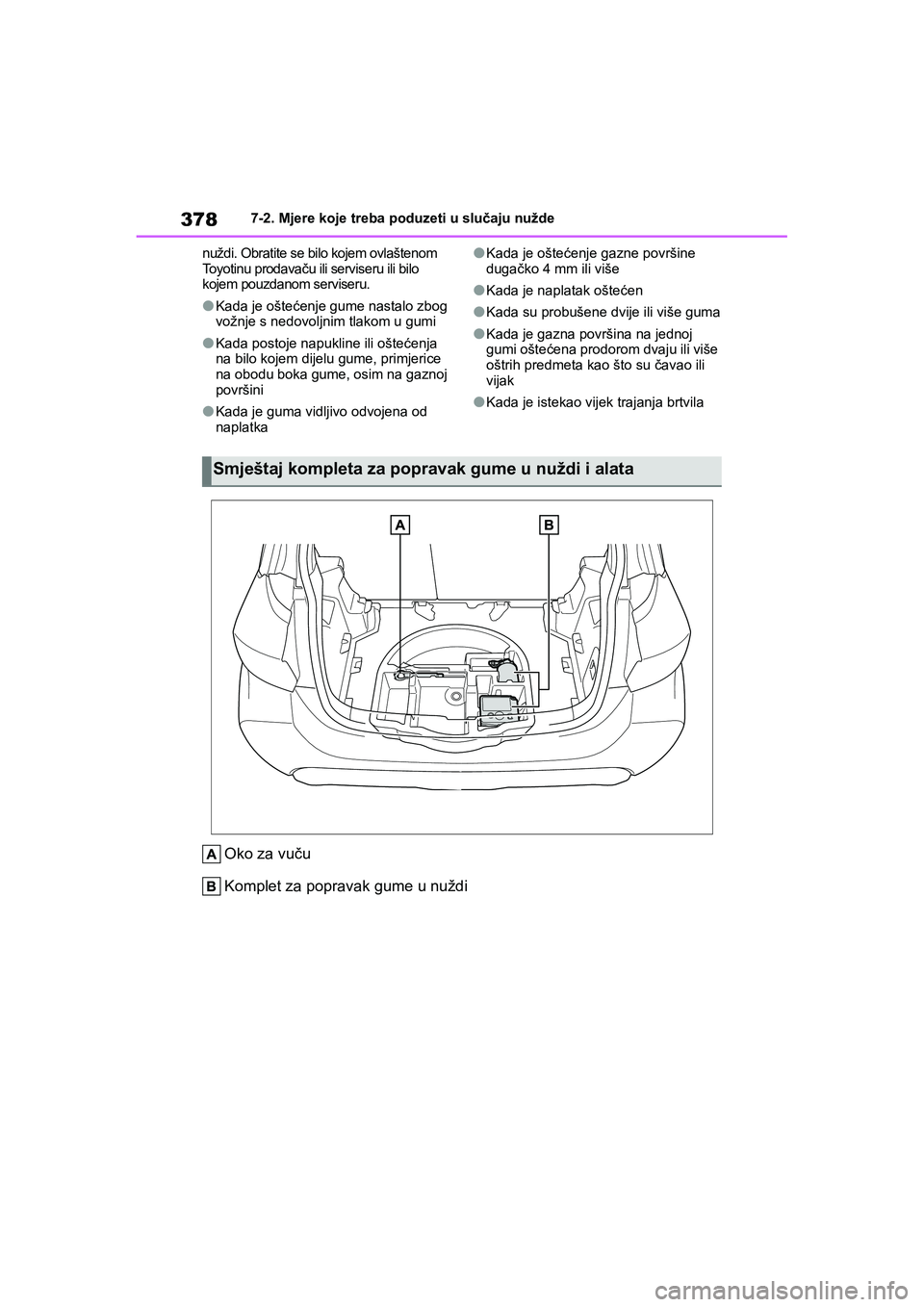 TOYOTA YARIS HATCHBACK 2020  Upute Za Rukovanje (in Croatian) 378
YARIS(HB) Owners Manual_Europe_MK0001_hr
7-2. Mjere koje treba poduzeti u slučaju nužde
nuždi. Obratite se bilo kojem ovlaštenom 
Toyotinu prodavaču ili serviseru ili bilo 
kojem pouzdanom s