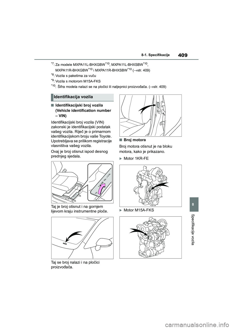 TOYOTA YARIS HATCHBACK 2020  Upute Za Rukovanje (in Croatian) 409
8
YARIS(HB) Owners Manual_Europe_MK0001_hr
8-1. Specifikacije
Specifikacije vozila
*7: Za modele MXPA11L-BHXGBW*10, MXPA11L-BHXSBW*10, 
MXPA11R-BHXGBW
*10 i MXPA11R-BHXSBW*10 (→str. 409)
*8: Vo
