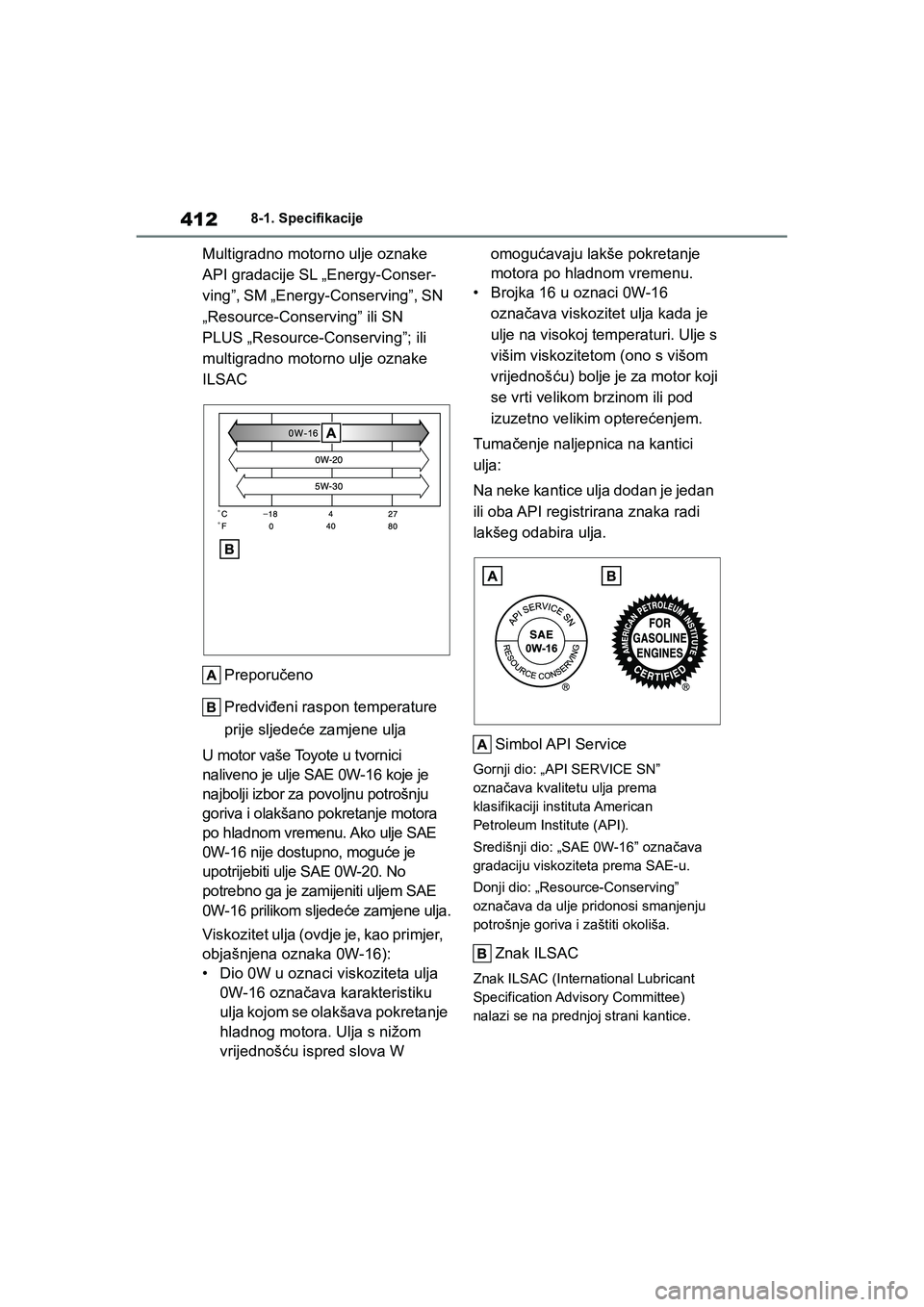 TOYOTA YARIS HATCHBACK 2020  Upute Za Rukovanje (in Croatian) 412
YARIS(HB) Owners Manual_Europe_MK0001_hr
8-1. Specifikacije
Multigradno motorno ulje oznake 
API gradacije SL „Energy-Conser-
ving”, SM „Energy-Conserving”, SN 
„Resource-Conserving” 