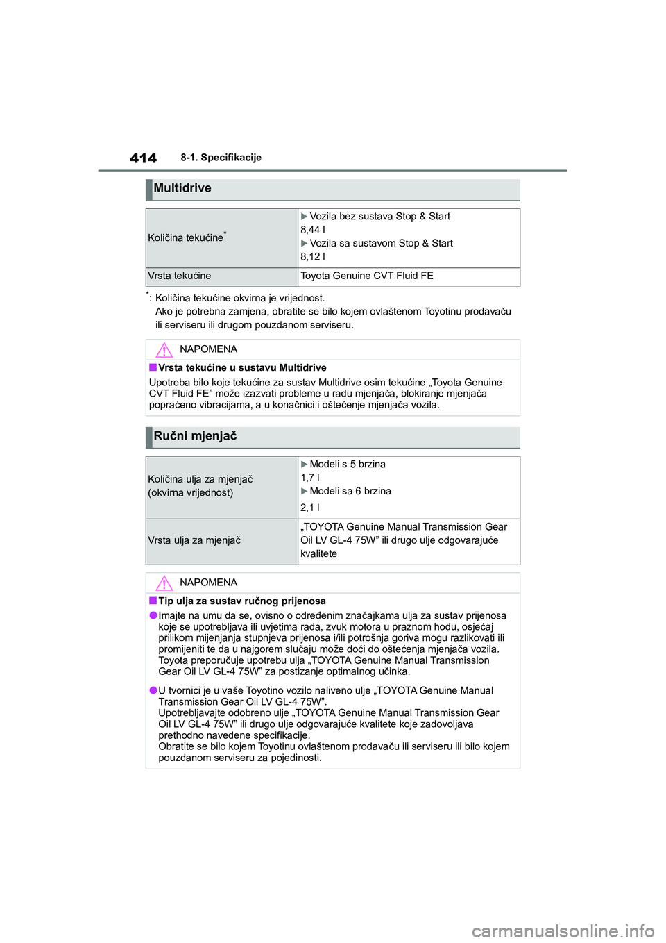 TOYOTA YARIS HATCHBACK 2020  Upute Za Rukovanje (in Croatian) 414
YARIS(HB) Owners Manual_Europe_MK0001_hr
8-1. Specifikacije
*:Količina tekućine okvirna je vrijednost.
Ako je potrebna zamjena, obratite se bilo kojem ovlaštenom Toyotinu prodavaču 
ili servi