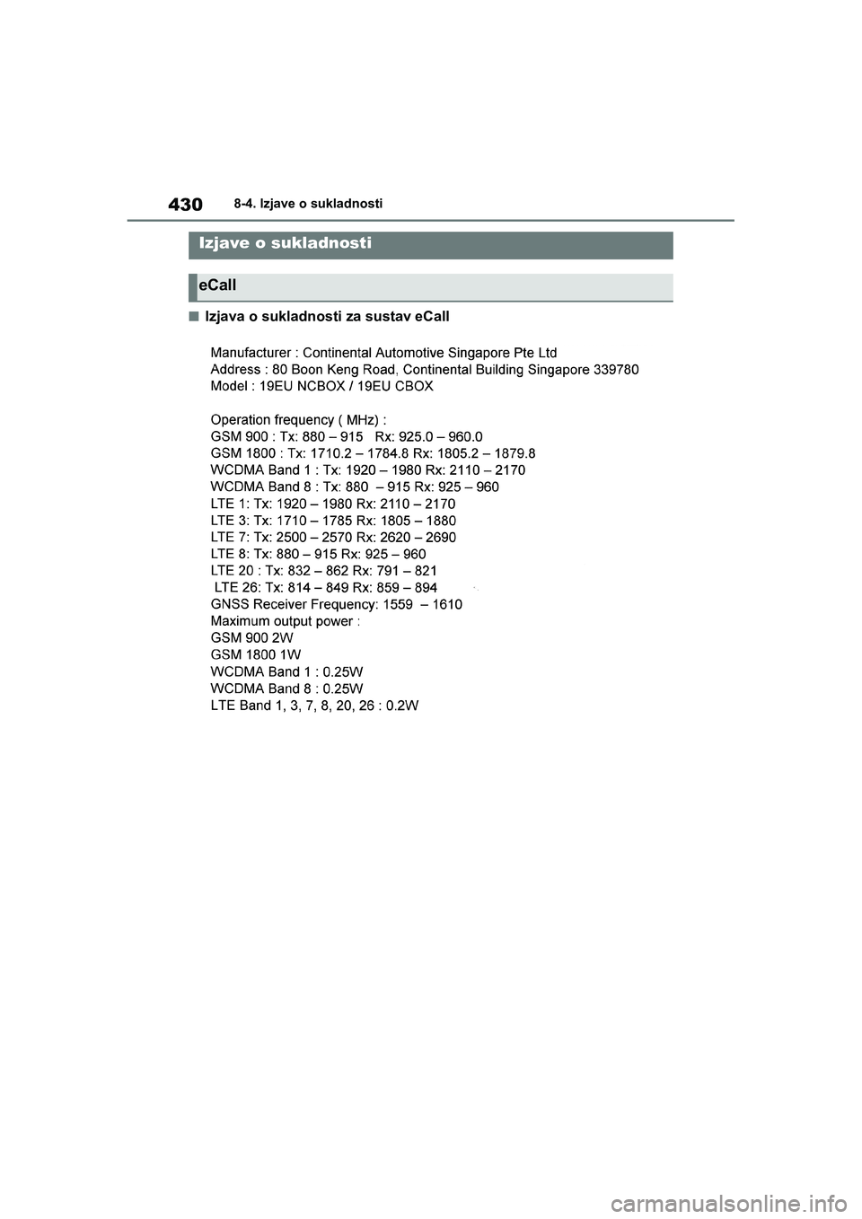 TOYOTA YARIS HATCHBACK 2020 Upute Za Rukovanje (in Croatian) 430
YARIS(HB) Owners Manual_Europe_MK0001_hr
8-4. Izjave o sukladnosti
8-4.Izjave o sukladnosti
■Izjava o sukladnosti za sustav eCall
Izjave o sukladnosti
eCall
YARIS(HB)_OM_Europe_OMK0001CR.book TOYOTA YARIS HATCHBACK 2020 Upute Za Rukovanje (in Croatian) 430
YARIS(HB) Owners Manual_Europe_MK0001_hr
8-4. Izjave o sukladnosti
8-4.Izjave o sukladnosti
■Izjava o sukladnosti za sustav eCall
Izjave o sukladnosti
eCall
YARIS(HB)_OM_Europe_OMK0001CR.book