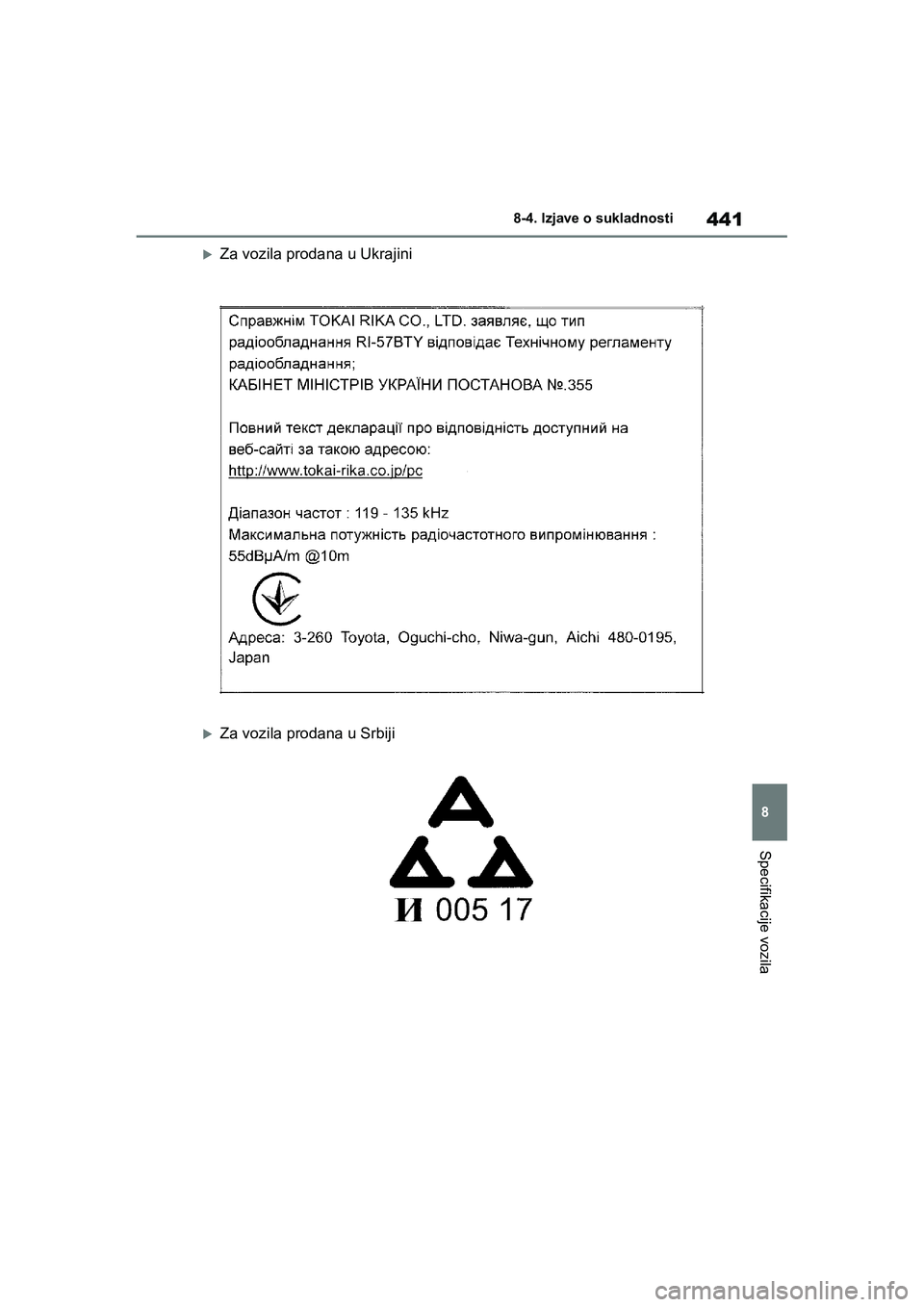 TOYOTA YARIS HATCHBACK 2020  Upute Za Rukovanje (in Croatian) 441
8
YARIS(HB) Owners Manual_Europe_MK0001_hr
8-4. Izjave o sukladnosti
Specifikacije vozila
Za vozila prodana u Ukrajini
Za vozila prodana u Srbiji
YARIS(HB)_OM_Europe_OMK0001CR.book  Page 441  F
