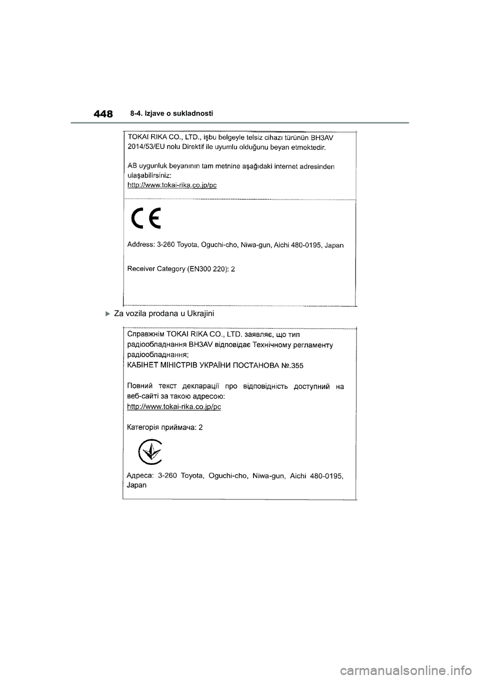 TOYOTA YARIS HATCHBACK 2020  Upute Za Rukovanje (in Croatian) 448
YARIS(HB) Owners Manual_Europe_MK0001_hr
8-4. Izjave o sukladnosti
Za vozila prodana u Ukrajini
YARIS(HB)_OM_Europe_OMK0001CR.book  Page 448  Friday, October 9, 2020  7:38 PM 